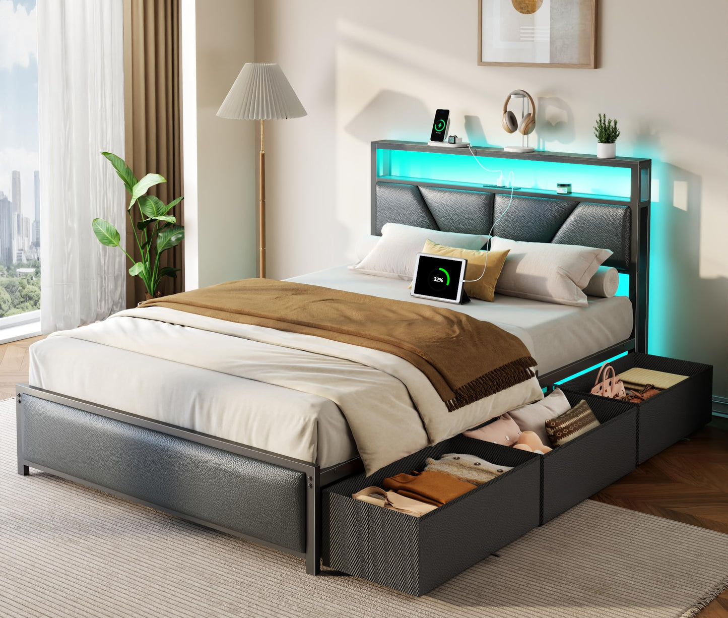 OURPIC Full Size Bed Frame, 2-Tier Storage Headboard & 6 Fabric Drawers, PU Leather Upholstered Platform Bed Frame Full with Charging Station and LED Lights, No Box Spring Needed, Noise Free