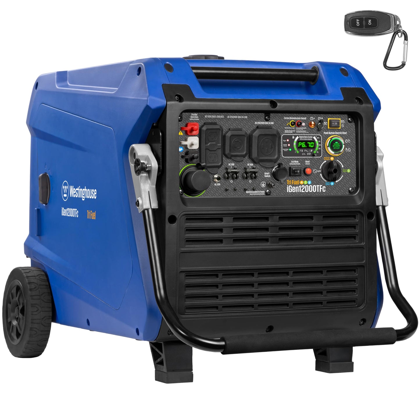 Westinghouse 12000 Peak Watt Tri-Fuel Portable Inverter Generator, Remote Start, Transfer Switch Ready, Gas/Propane/Natural Gas Powered, Low THD, Safe for Electronics, Parallel Capable, CO Sensor