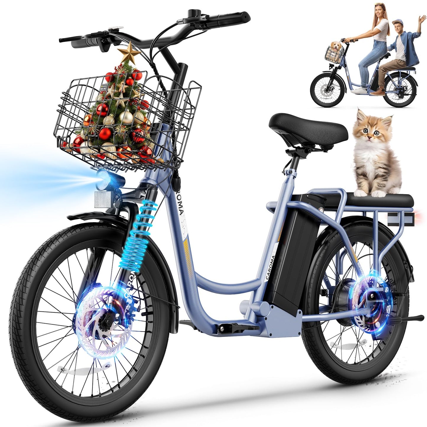 Caroma Peak 500W Electric Scooters with Seat,Step Thru Electric Bicycle 36V Removable Lithium-Battery,15Miles Max Range,20MPH Commuting Electric Bike for Adults&Teens,Shock Absorber,Gray Blue