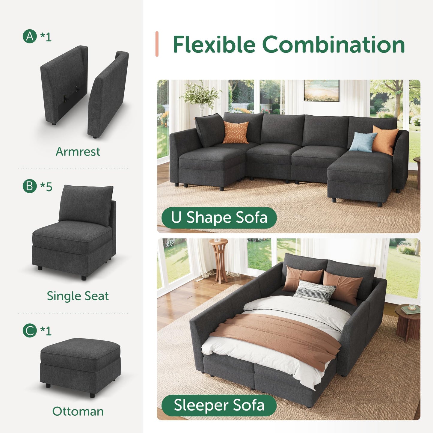 HONBAY Modular Sectional Couch L Shaped Sectional Sofa with Storage, Convertible Couches for Living Room - Snowflake Velvet Grey
