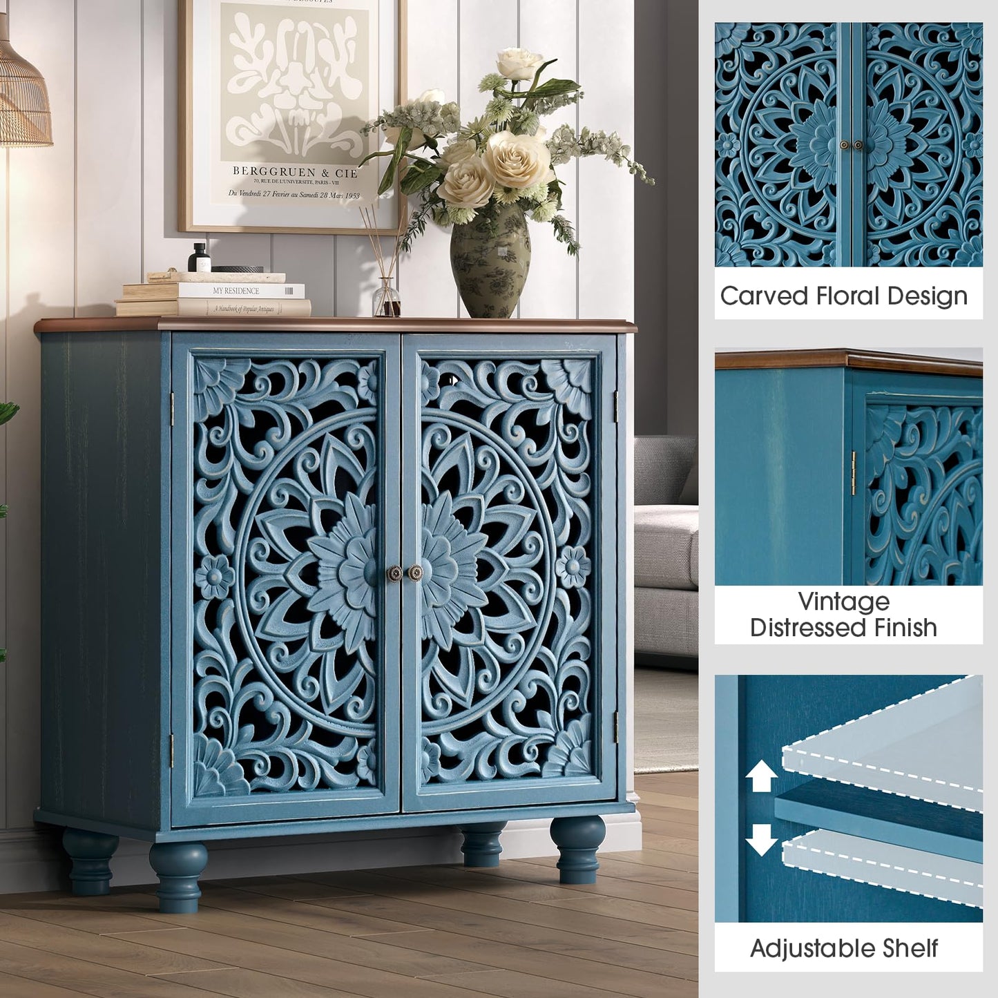 Accent Cabinet with Carved Doors,Blue Buffet Cabinet with Storage
