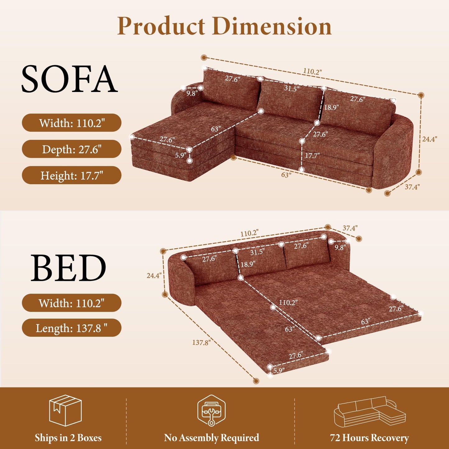 Vesgantti 110.2" Modular Sectional Sofa with Curved Armrest, 6 in 1 Convertible Folding Sleeper Sofa Bed, Chenille Boneless Couch for Living Room, No Assembly Required, Orange, Left Facing Chaise