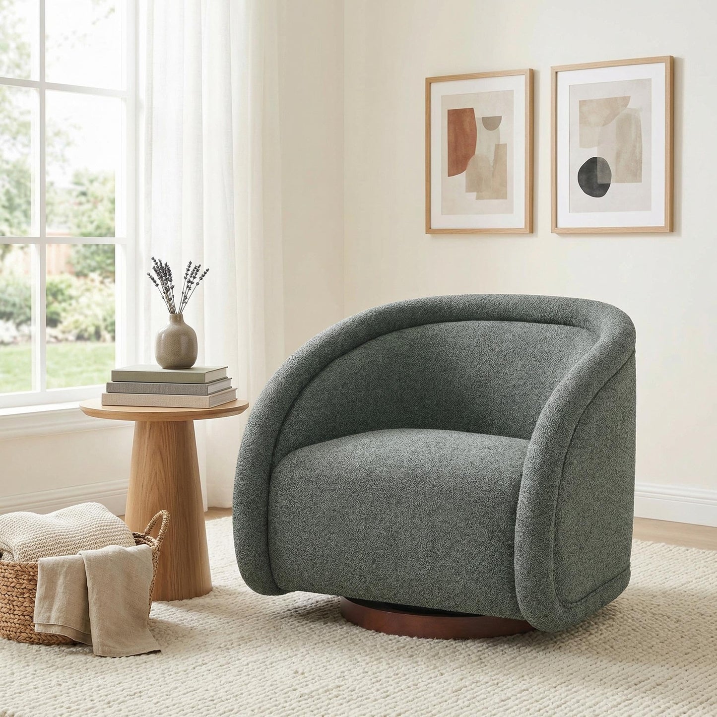 Christopher Knight Home Sabbo Swivel Chair with Solid Wood Base, Comfy Swivel Accent Chair with Curved Design, Boucle Upholstered Lounge Sofa Chair for Living Room/Bedroom, Gray Green + Walnut