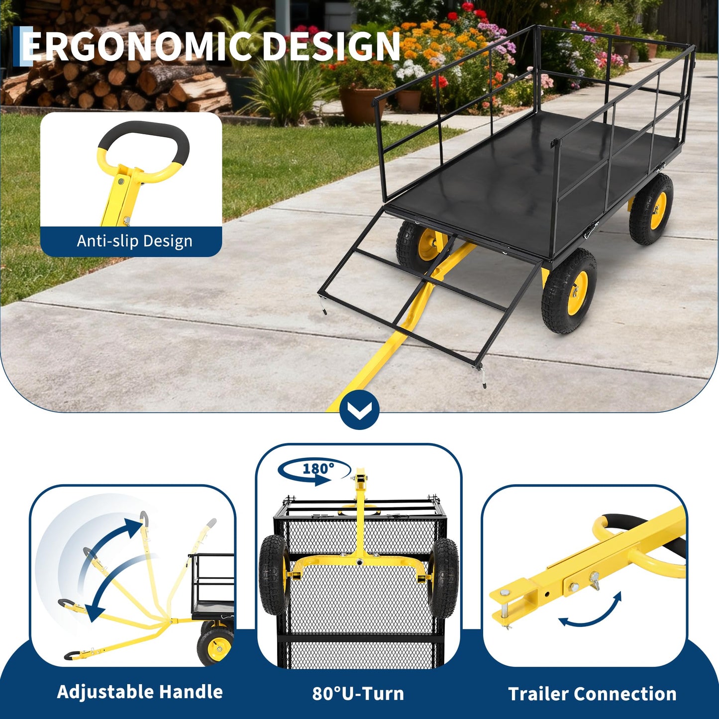 Garvee 1500 LB Garden Dump Cart with 13 in All Terrain Tires, 3-in-1 Yard Wagon Cart with Removable Side Panels, Heavy Duty Outdoor Metal Utility Wagon Yard Trailer for Outdoor Lawn, Yard, Backyard