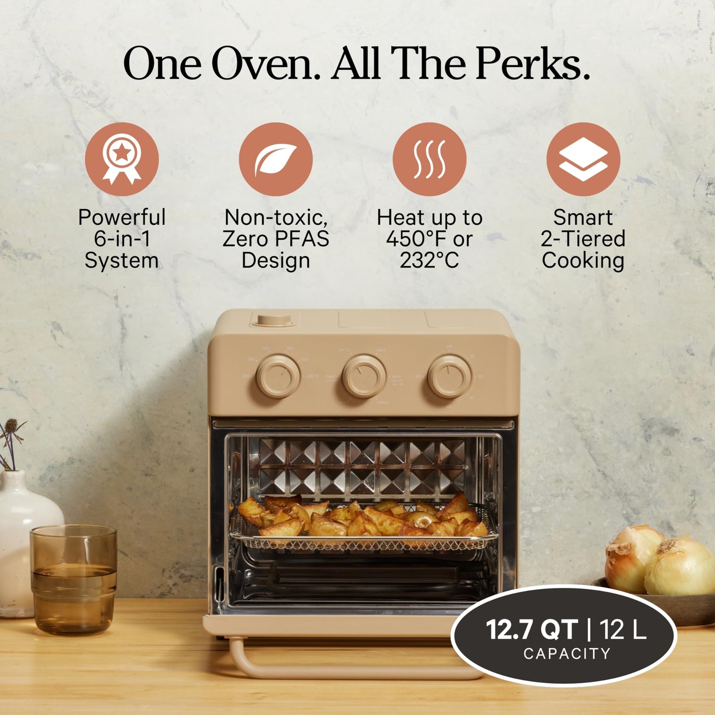 Our Place Wonder Oven | 6-in-1 Stainless Steel Air Fryer Toaster Oven Combo with Basket, Rack, Pan & Tray | Compact 13 QT Countertop Capacity - Toast, Roast, Bake, Reheat, Broil & Steam | Steam