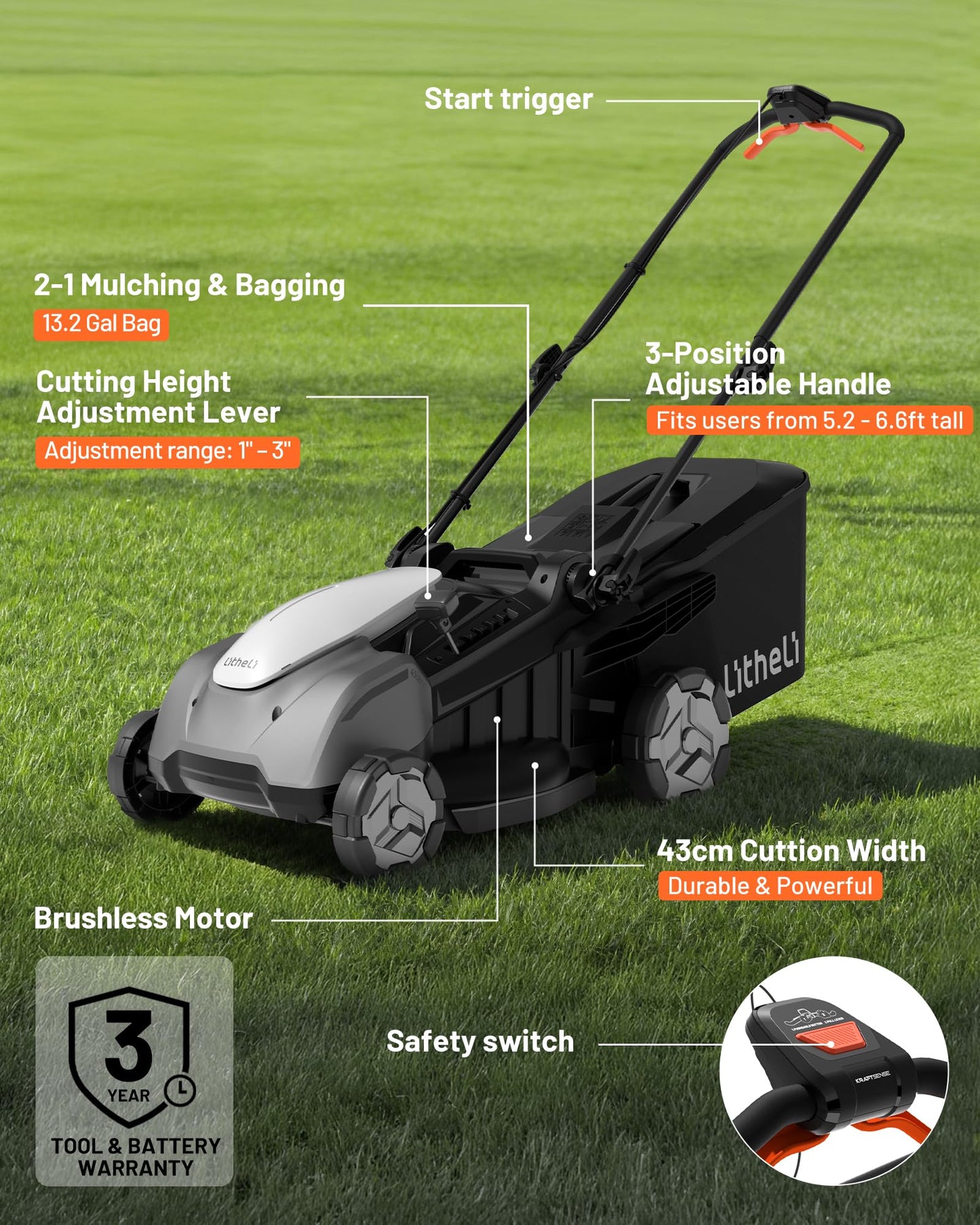Litheli 18-inch 40V Brushless Lawn Mower for Garden Yards, Lightweight Cordless Lawn Mower Battery Powered with 6-Position Height Adjustment, 2x5.0Ah Battery Included