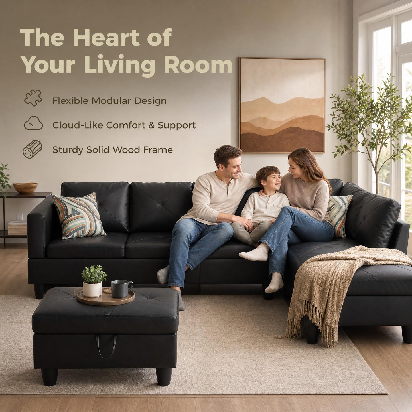Trygoal 97" Leather L Shaped Couch with Right Chaise & Cup Holder, Sectional Sofas Modular Furniture Set with Storage Ottoman, Convertible Couches for Living Room, Small Space & Office (Black)
