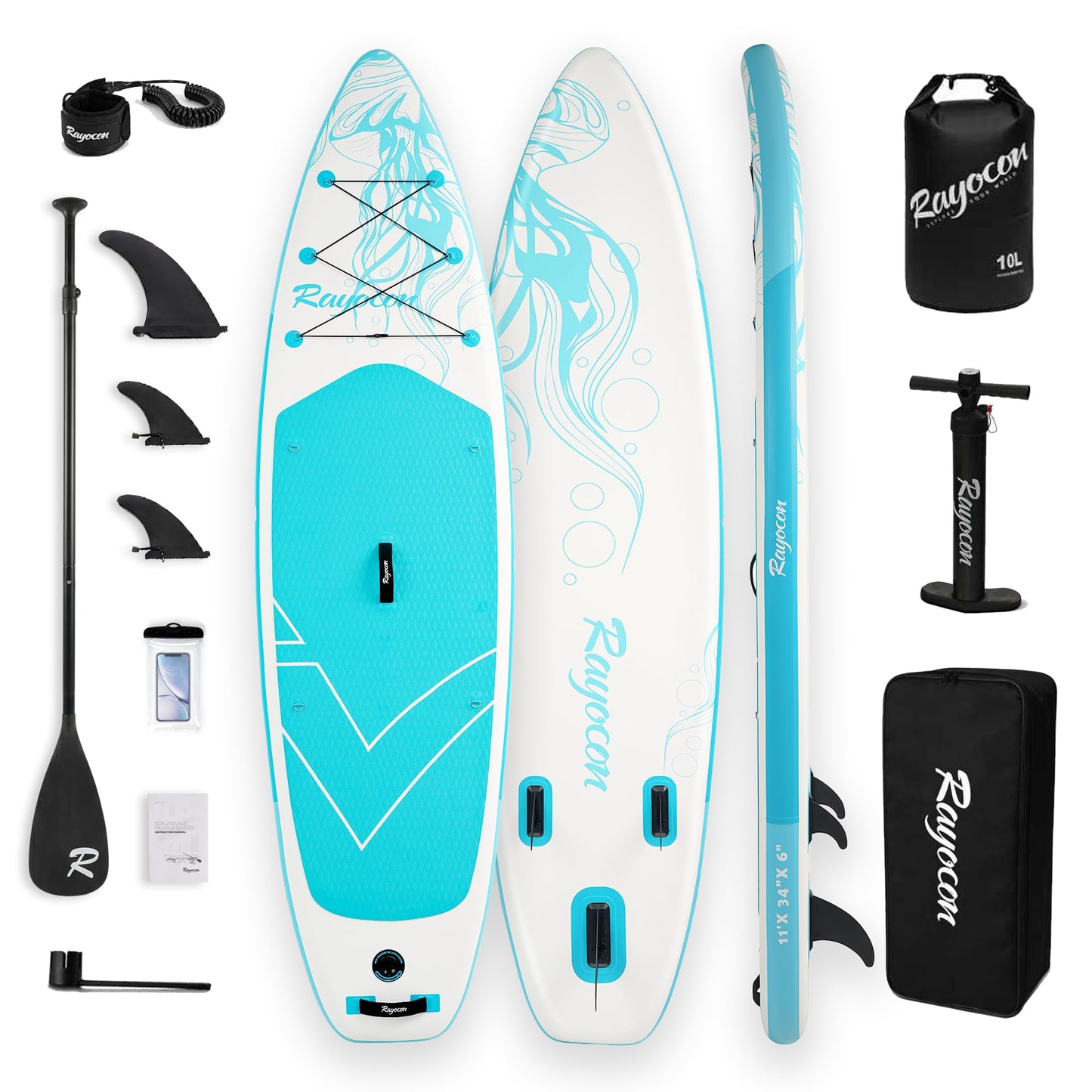 Inflatable Stand Up Paddle Board 11'×34" Extra Wide SUP, Ultra-Stable for Adults & Dog, 450lbs, Dual Chamber Pump, Fiberglass Paddle, Military Grade Dual Layer, Jellyfish Flow Design