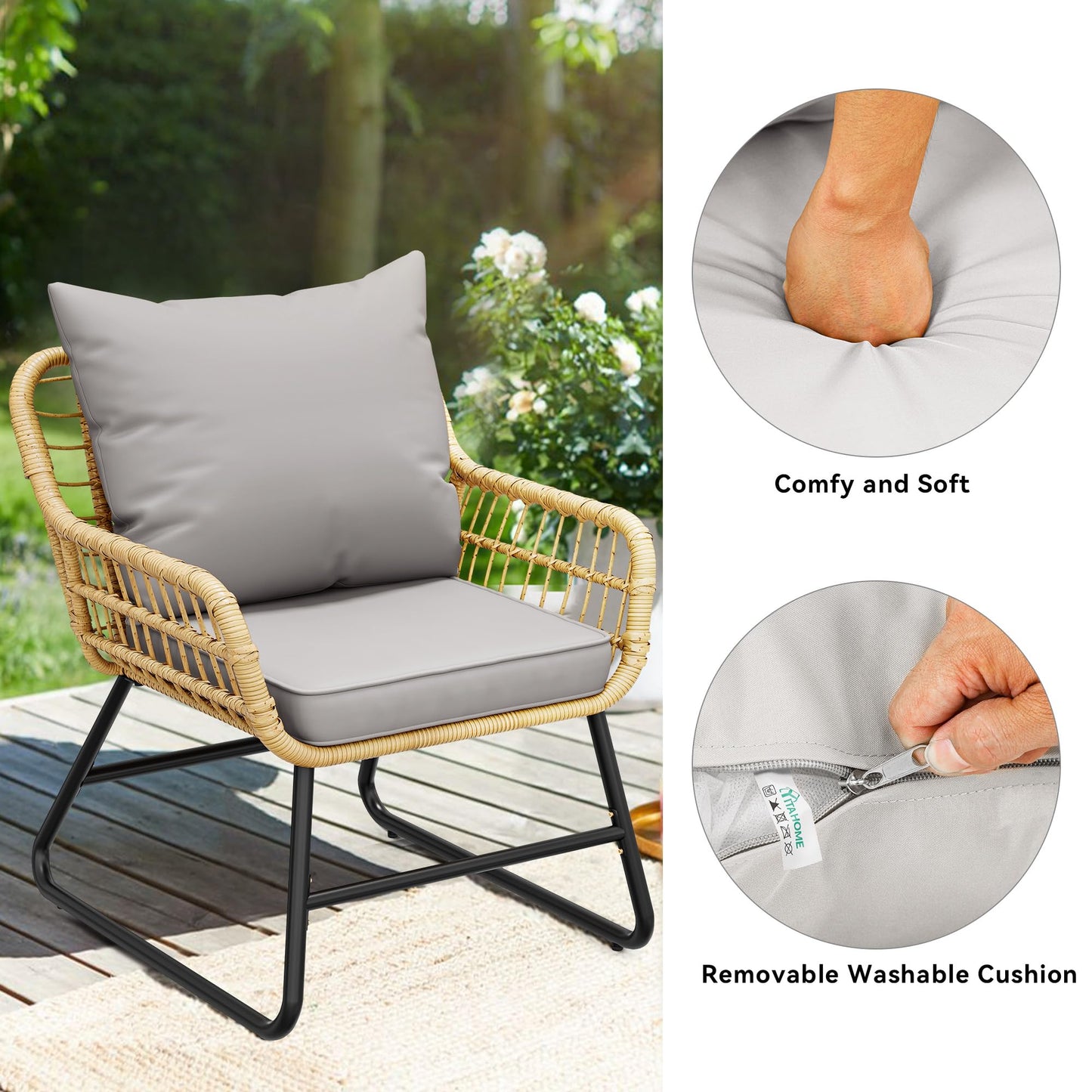 YITAHOME 4-Piece Patio Furniture Wicker Outdoor Bistro Set, All-Weather Rattan Conversation Loveseat Chairs for Backyard, Balcony and Deck with Soft Cushions and Metal Table (Light Grey+Beige)