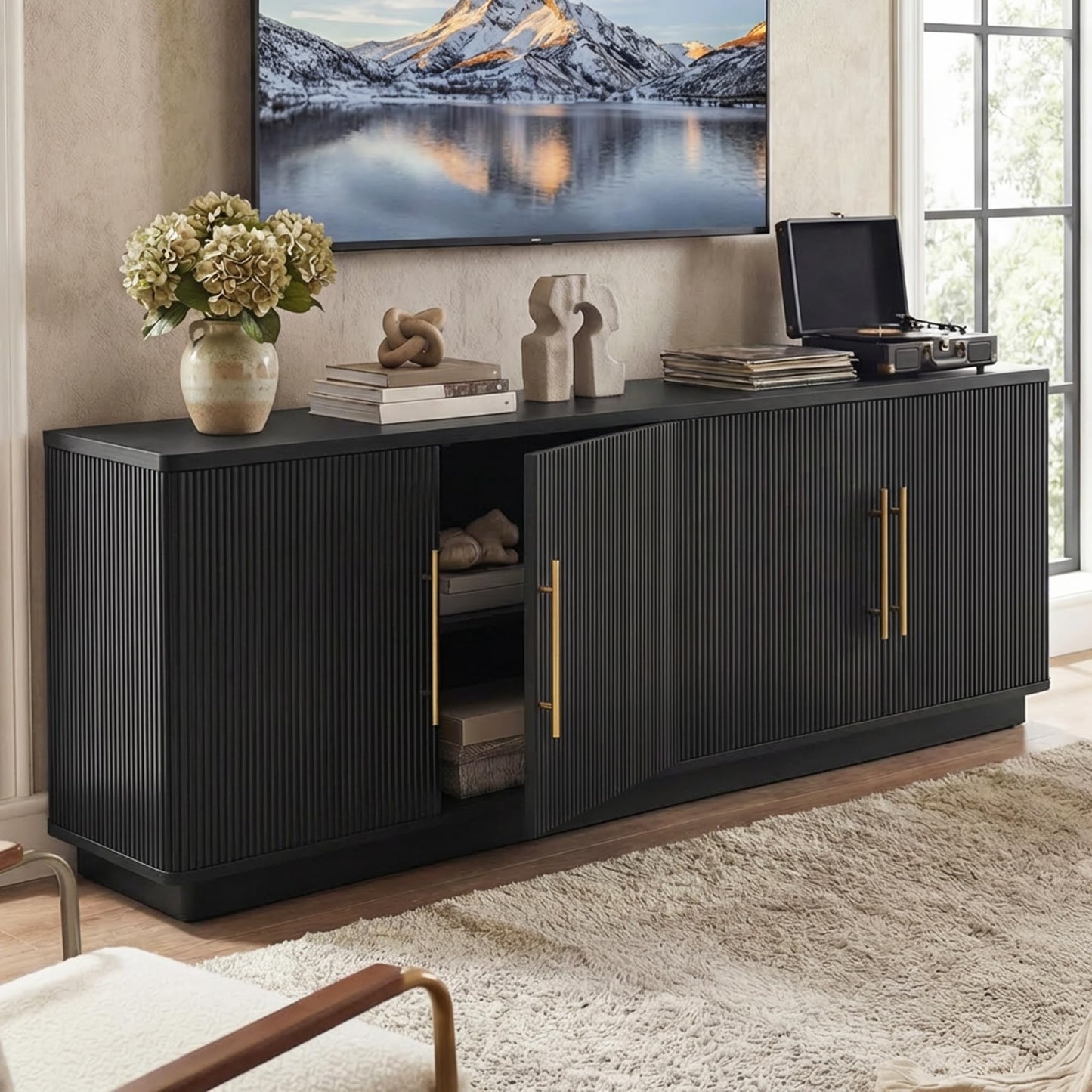 YITAHOME TV Stand for TVs up to 80 Inches, Media Console with 4 Fluted Doors, 70" Entertainment Center with Ample Storage for Living Room(Black Oak)