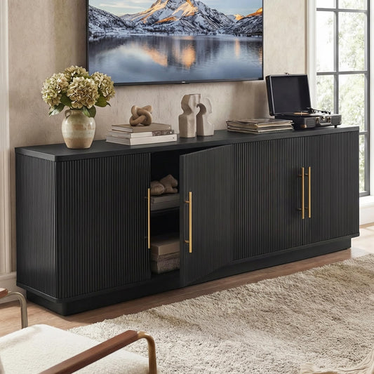 YITAHOME TV Stand for TVs up to 80 Inches, Media Console with 4 Fluted Doors, 70" Entertainment Center with Ample Storage for Living Room(Black Oak)