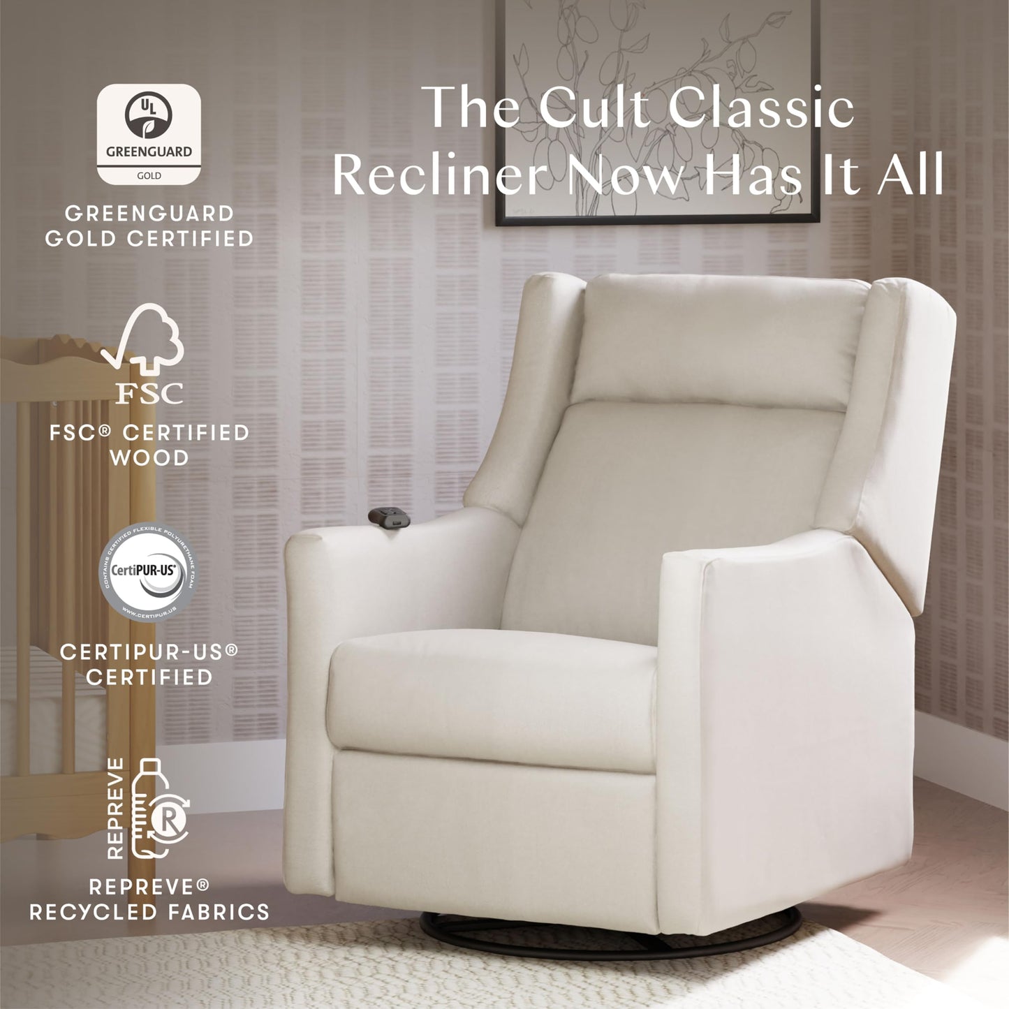 Babyletto Kiwi Deluxe Power Recliner and Swivel Glider with Heat and Massage in Performance Cream Eco-Weave, Water Repellent & Stain Resistant, Greenguard Gold, FSC and CertiPUR-US Certified