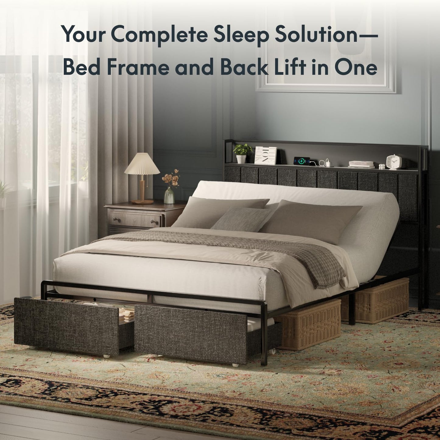 FLEXISPOT Queen Adjustable Bed with Storage Headboard, Charging Station, Head Incline, LED Lighting, Storage Drawers, Quiet Powerful DC Motor, and Easy Assembly