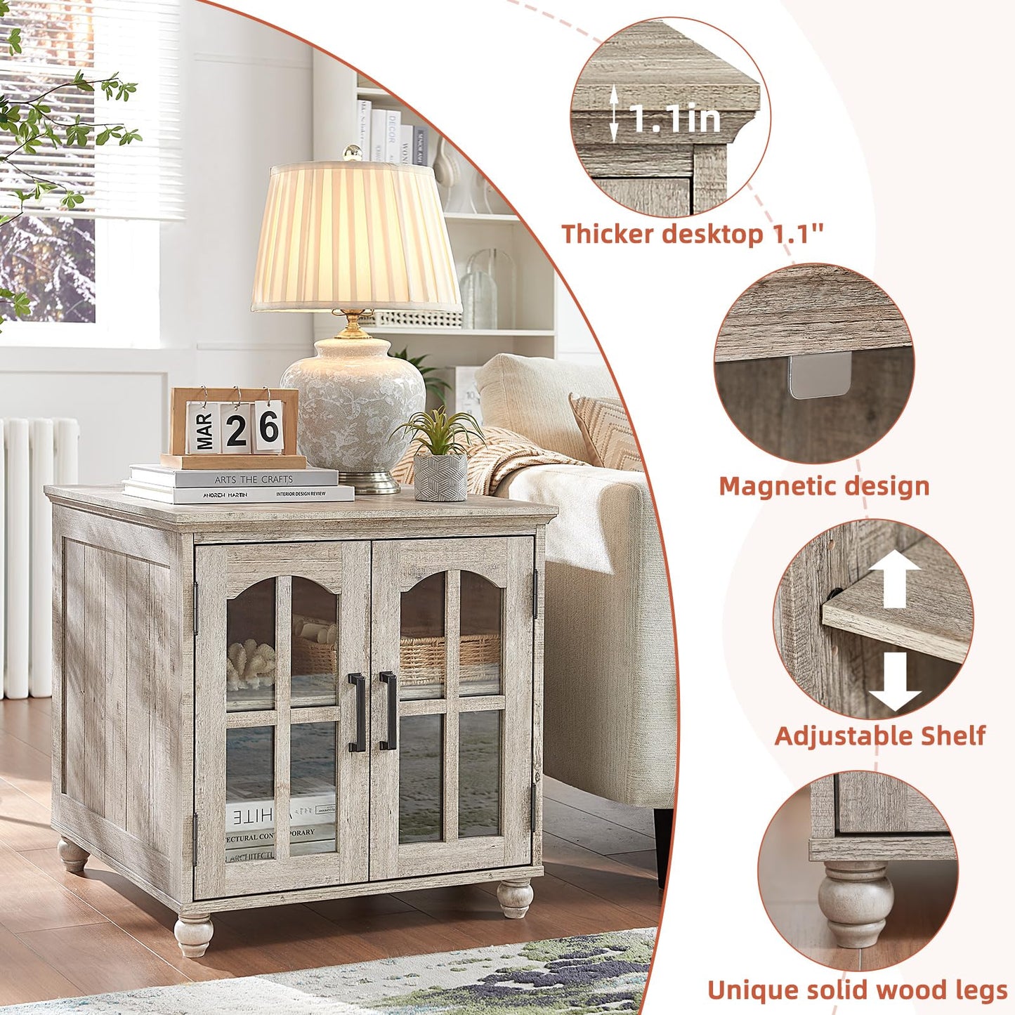 RWYHG Farmhouse End Table Set of 3 with Charging Station, 18'' Narrow Side Table and 24" Large Sofa Side Table with Glass Barn Door Storage, Wood Night Stand Bedside Table for Living Room,Bedroom