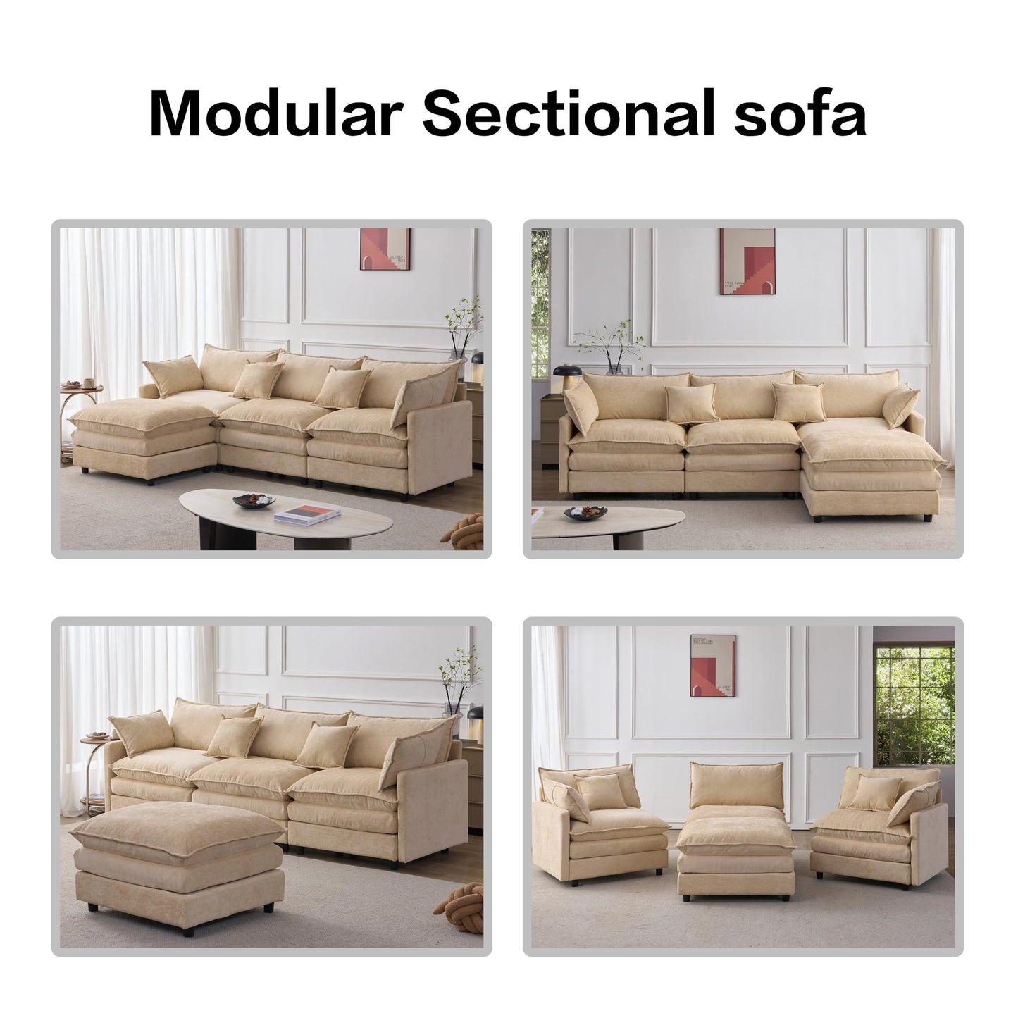 KEIKI 3 Seater Chenille Modular Sectional Couch Sofa with Ottoman, Double-Layer Seat Cushions & Back Cushions, Modern L-Shape Upholstered Cloud Soft Sofa Couches Chaise Lounge for Living Room