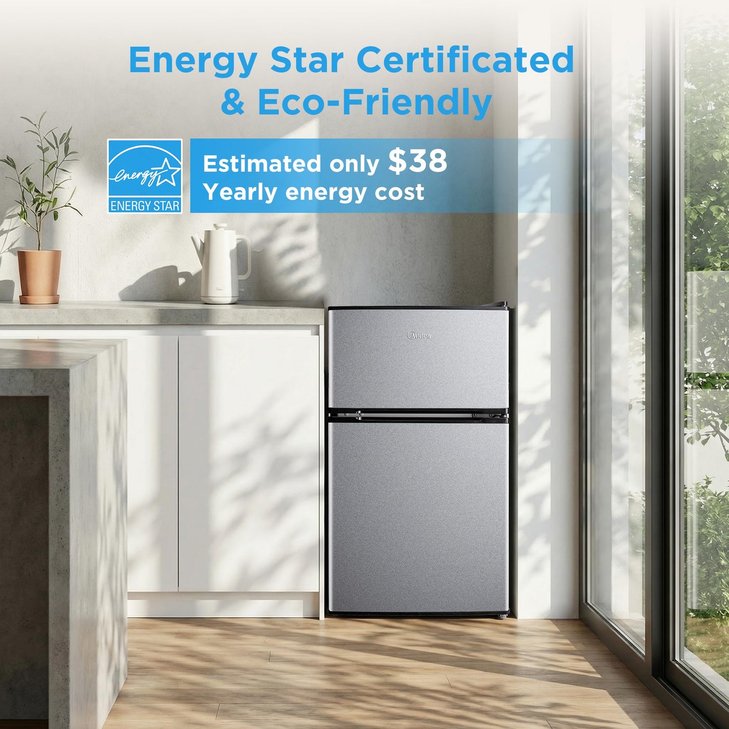 Midea WHD-113FSL 3.1 Cu Ft Compact Fridge with Freezer, Energy Star Certified Mini Fridge with Interior Light, Adjustable Shelves, Perfect for Office, Dorm, Bedroom, Silver