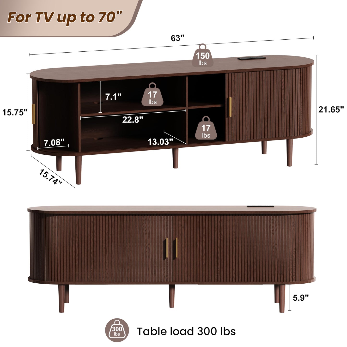 DHH 63 Inch Mid Century Modern TV Stand with Power Outlet for TVs up to 70 Inch, Entertainment Center with Storage and Adjustable Shelves, Media Console with Sliding Doors for Living Room(Walnut)