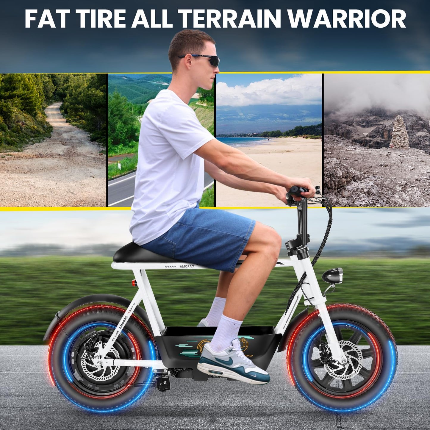 Caroma Peak 560W Electric Scooters with Seat for Adults, 16" Fat Tire for All-Terrain, 15Miles Max Range, 20mph Top Speed, Commuter Escooter for Adults&Teens, Motorcycle Style with Carry Basket,White