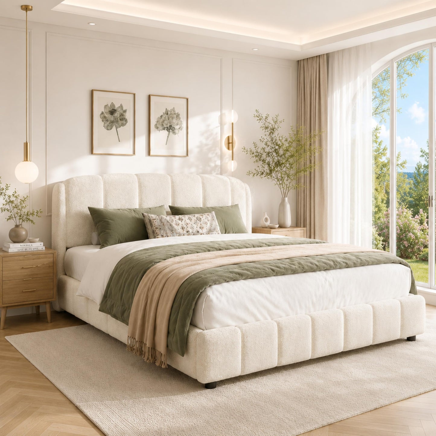 Merax King Size Boucle Upholstered Platform Bed Frame, Curve-Shaped Rounded Headboard, Box Spring Not Required, Soft Plush Fabric Bed for Master Bedroom, Guest Room, Beige