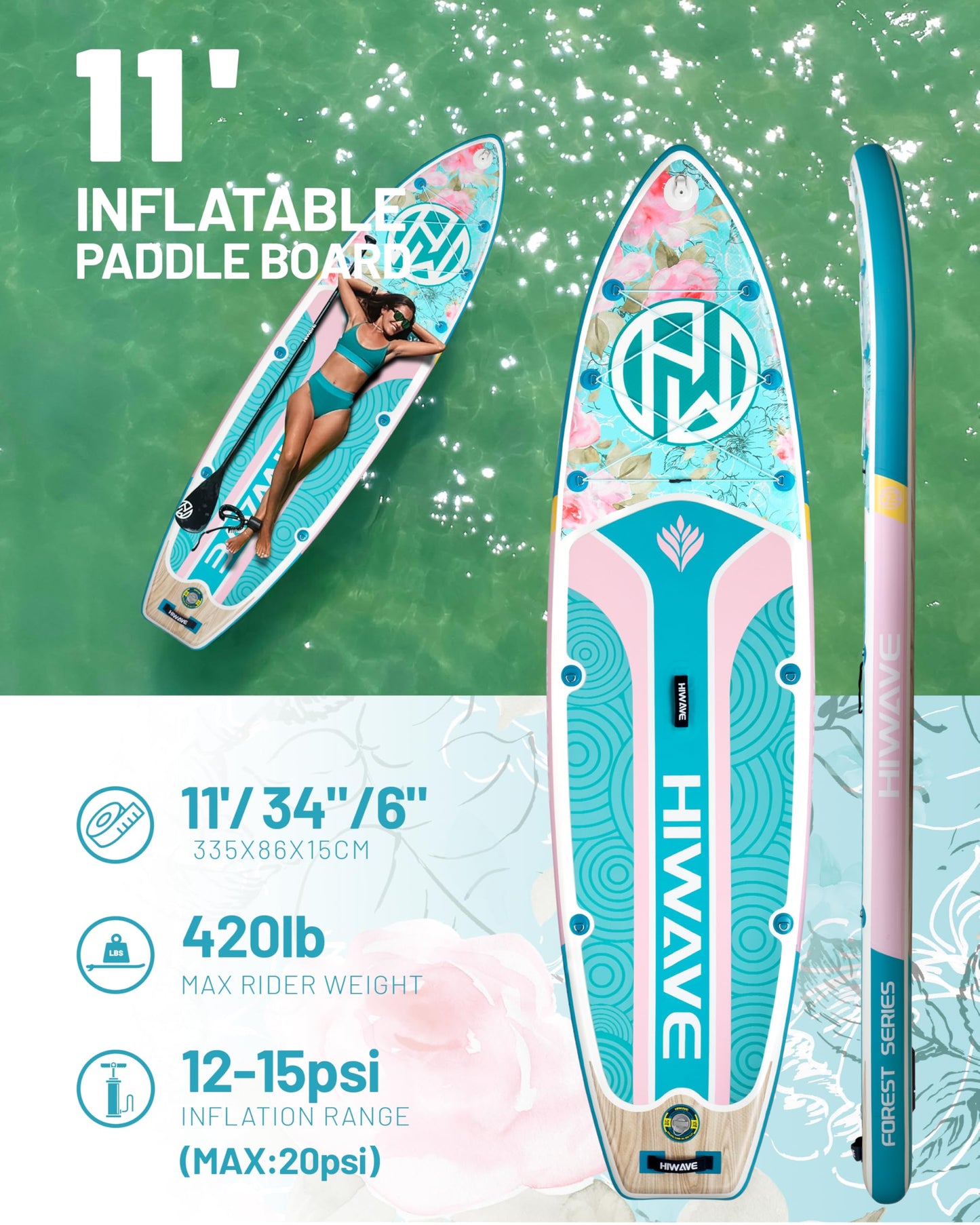 Hiwave Inflatable Paddle Board 11 '* 34 "* 6" Extra Wide Sup Board, 420lb Capicity Paddle Board for Adults, Suitable for Sea and Lakes, 2+1Family Board Green Pink