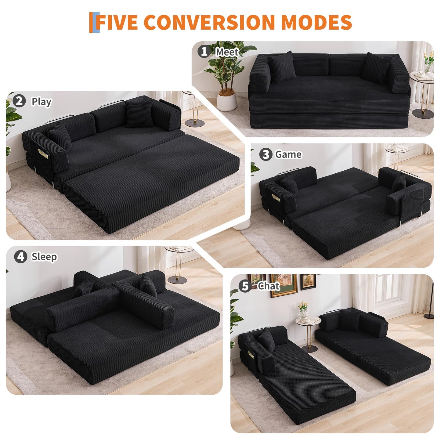 GarveeLife 78.8" Modular Corduroy Sofa Bed,5 in 1 Convertible Futon Floor Couch with Pull-Out Sleeper,Multi-Functional Futon for Living Room Guest Room & Small Spaces
