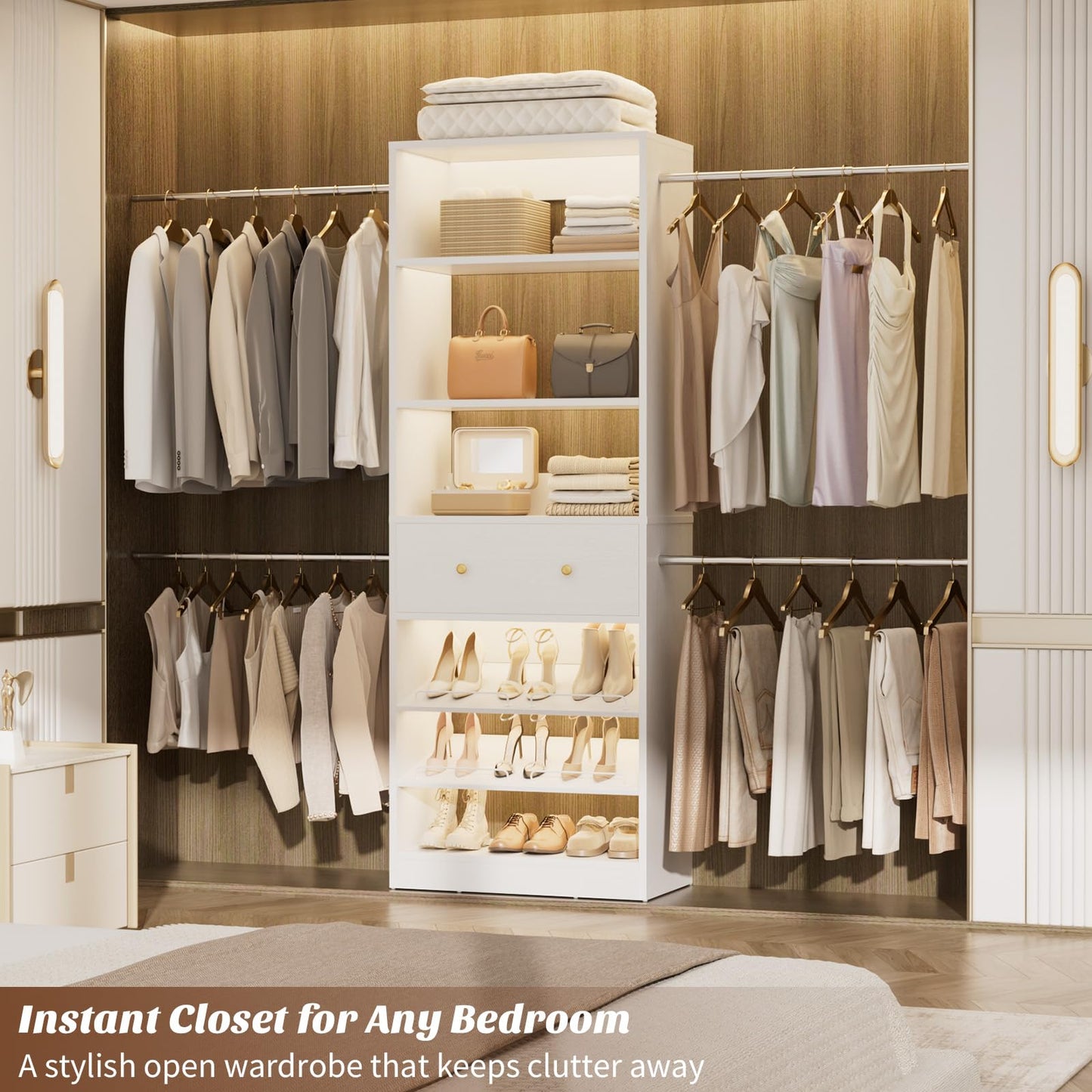 Armocity Wood Closet Organizer System - 4FT-9FT Expandable Wardrobe Closet with Drawer & 4 Hanging Rods, Heavy Duty Walk-in Closet 1000Lbs for Bedroom Walk-in Closet, White