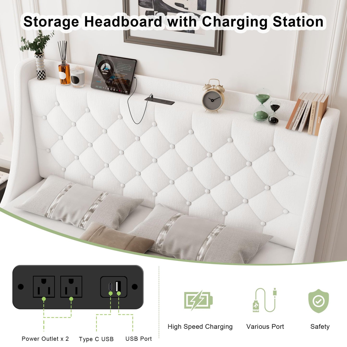 Feonase Upholstered Full Size Bed Frame with 4 Storage Drawers, Charging Station, Tufted Wingback Storage Headboard, No Box Spring Needed, Easy Assembly, White