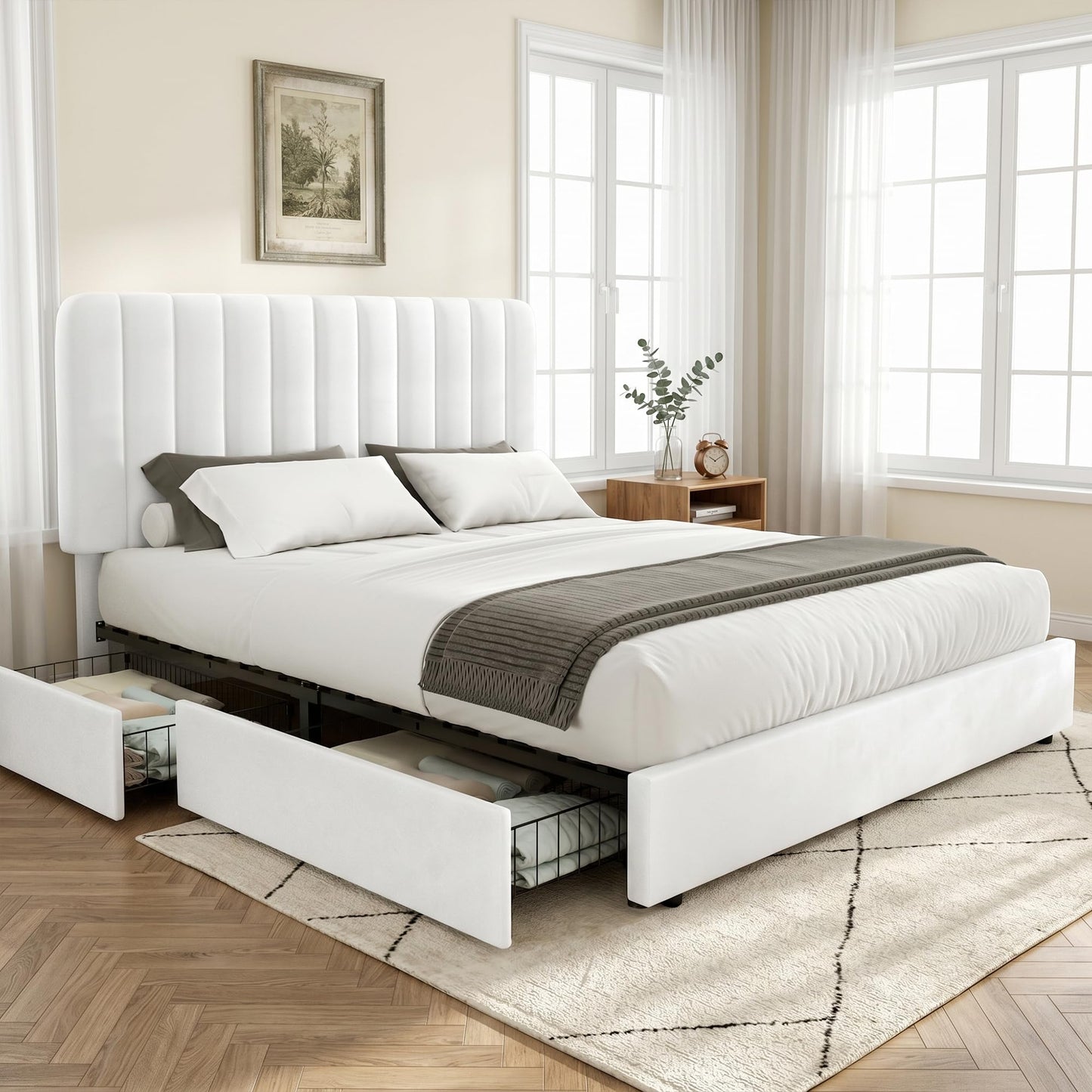 VECELO Queen Size Upholstered Bed Frame with 4 Drawers and Headboard, Velvet Platform Storage Bedframe, Wooden Slats Support, No Box Spring Needed,Snow-White
