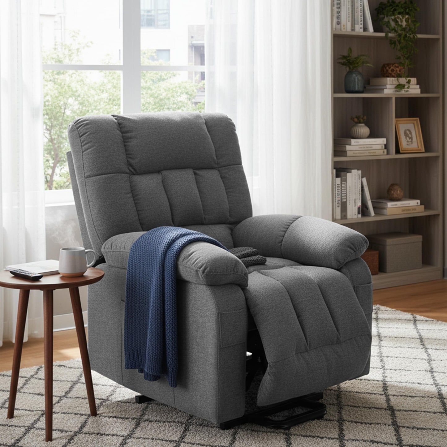 HealSmart Power Lift Recliner Chair with Massage & Heat, Overstuffed Fabric Reclining Chair with Remote, Side Pockets for Living Room & Bedroom, Grey