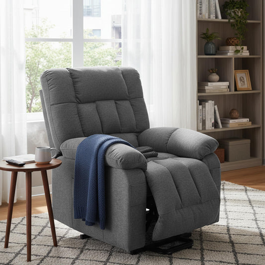 HealSmart Power Lift Recliner Chair with Massage & Heat, Overstuffed Fabric Reclining Chair with Remote, Side Pockets for Living Room & Bedroom, Grey