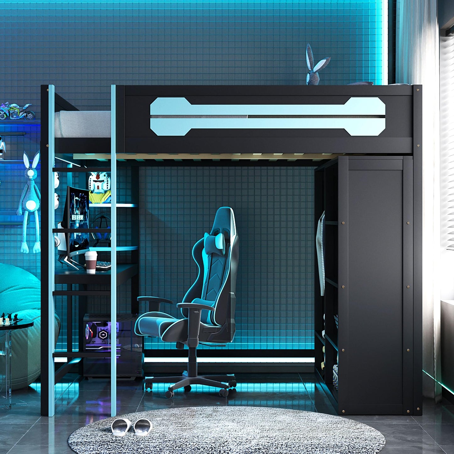 Merax Full Size Loft Bed with Desk and Open Wardrobe, Wooden Gaming Loft Bed Frmae with Light and Charging Station, Space-Saving Bed with Safety Guardrail, No Box Spring Needed, Blue