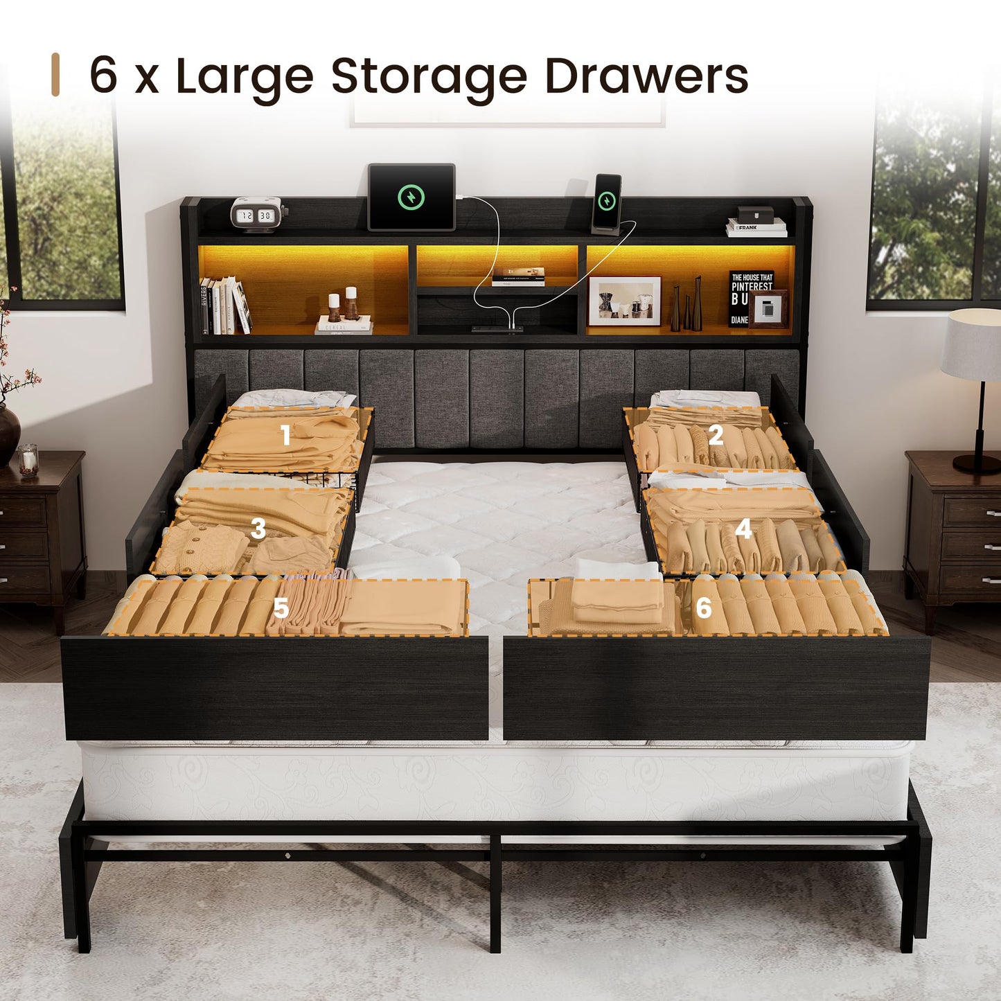 BRELTAM King Bed Frame with 6 Storage Drawers, Linen Upholstered Headboard, Built-in USB Charging Station & LED Lighting, Silent Metal Support, No Box Spring Needed, Vintage Black