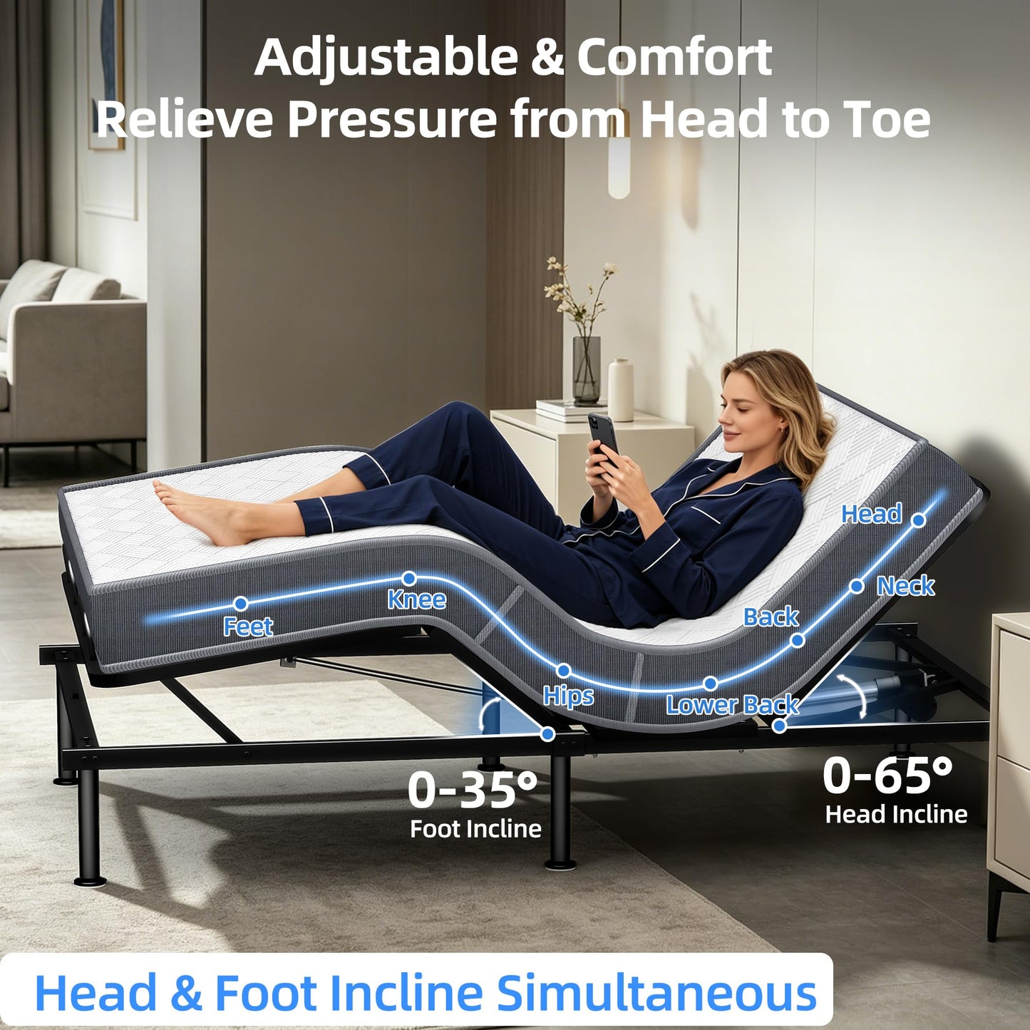 AESOROMO Full Size Adjustable Bed Frame Base with Mattress Electric Bed Simultaneous Head & Foot Incline Zero Gravity Aniti-Snore Adjustable Leg Heights 5 Inch Foam Mattress