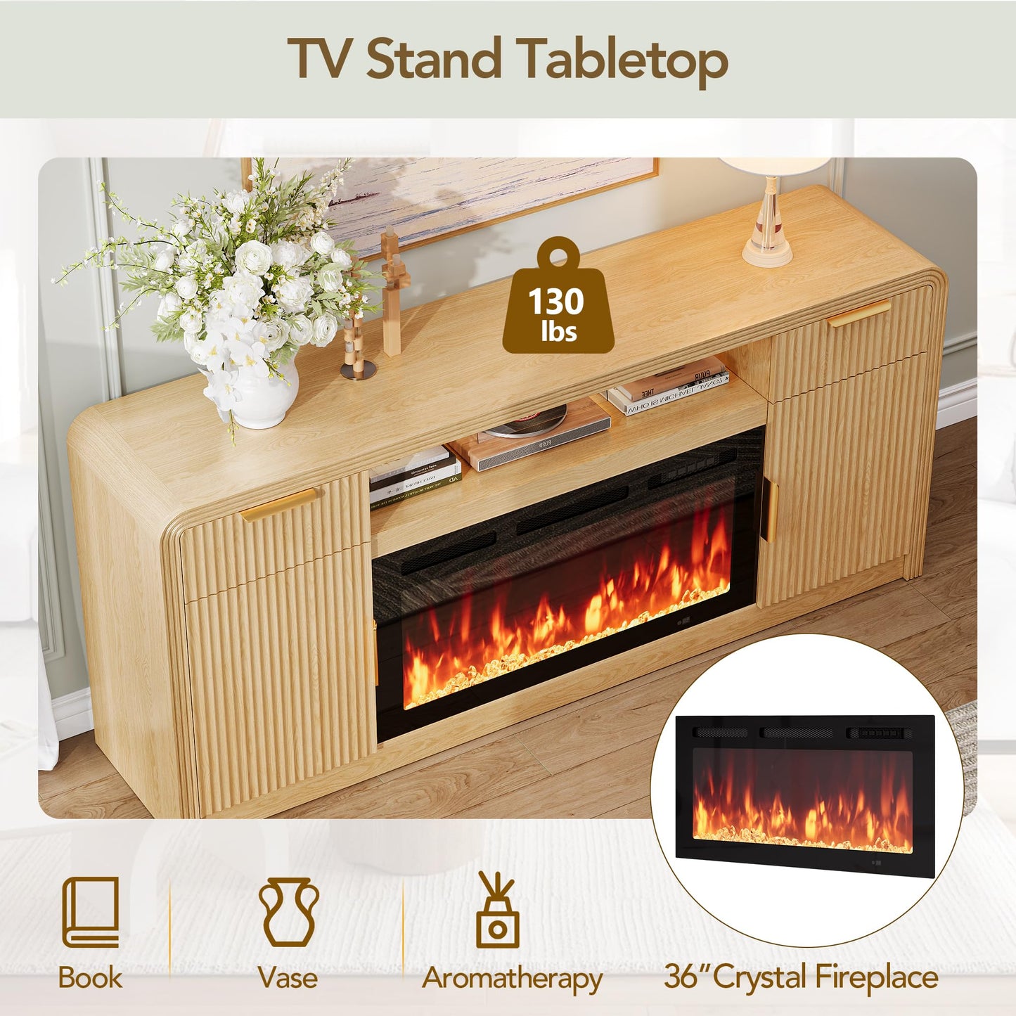 Decofy 70" Fluted TV Stand with 36" Electric Fireplace,Entertainment Center for TVs Up to 80",Mid Century Modern TV Cabinet with Adjustable Shelves & LED Light, Media TV Stands for Living Room
