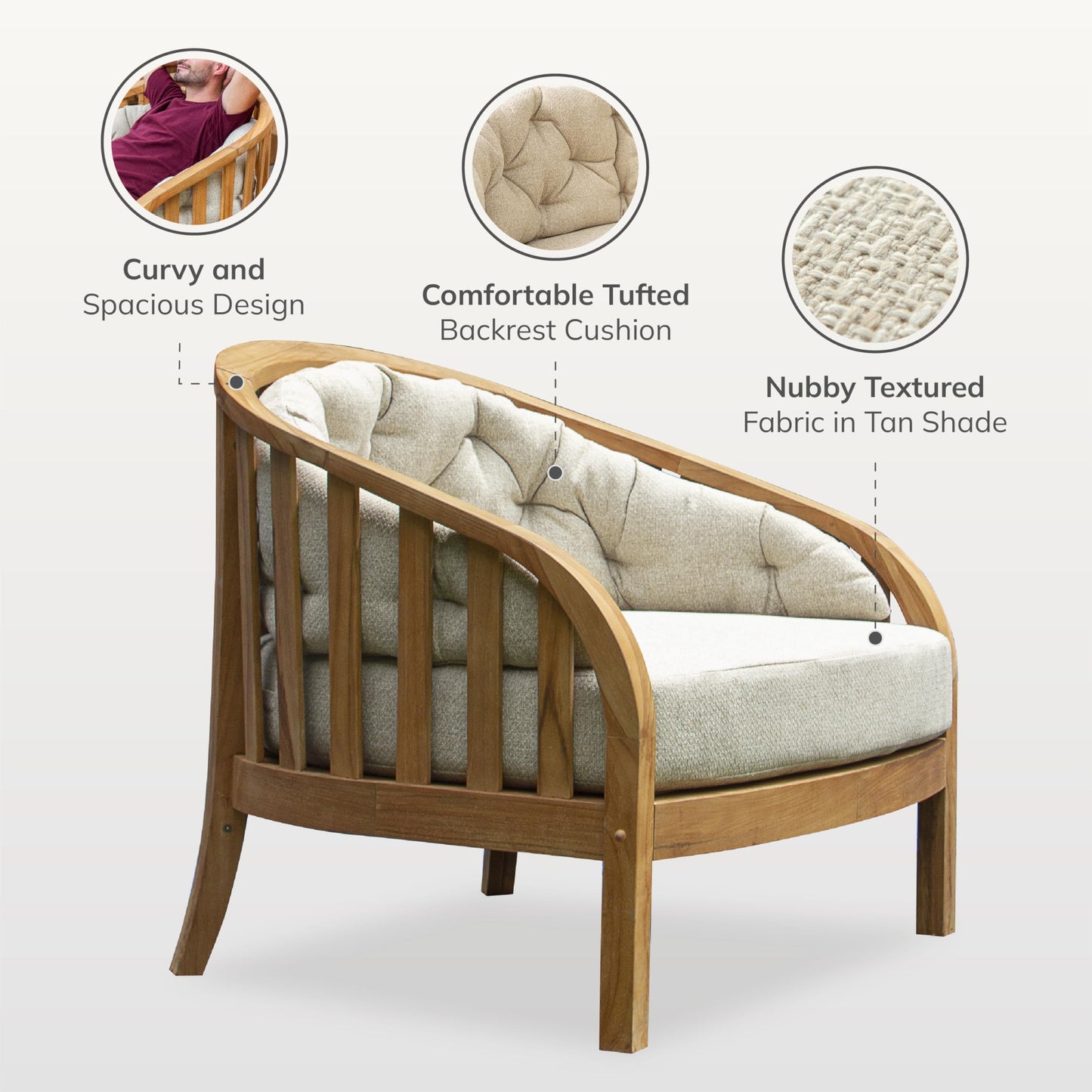 Cambridge Casual Bronte 3-Piece Teak Outdoor Lounge Set – 2 Oversized Lounge Chairs with Tufted Backrest Cushions & Teak Side Table with Honey-Core Wicker Shelf