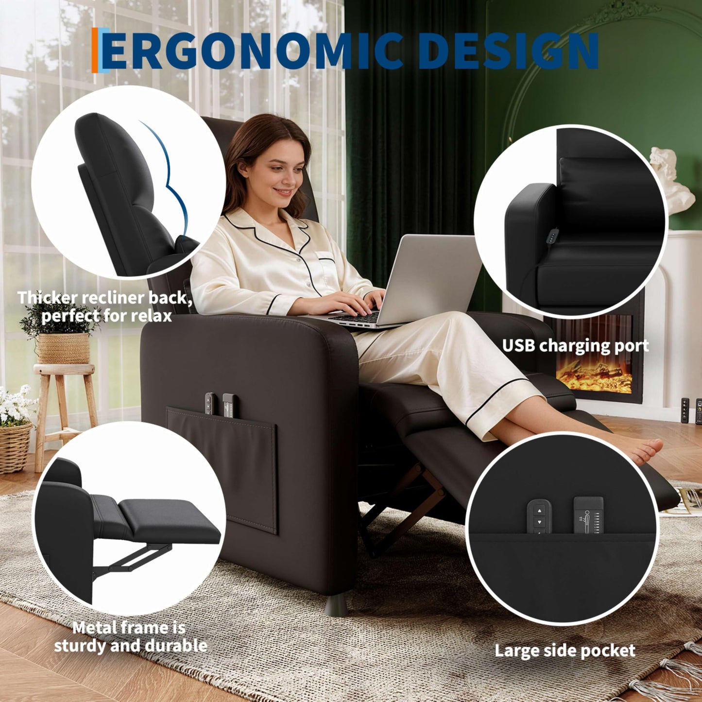 GarveeHome Power Recliner Chair with Massage and Heat, Adjustable Electric Recliner Ergonomic Overstuffed PU Leather Single Sofa, 2 Side Pockets and USB Port, Home Theater Seating for Living Room