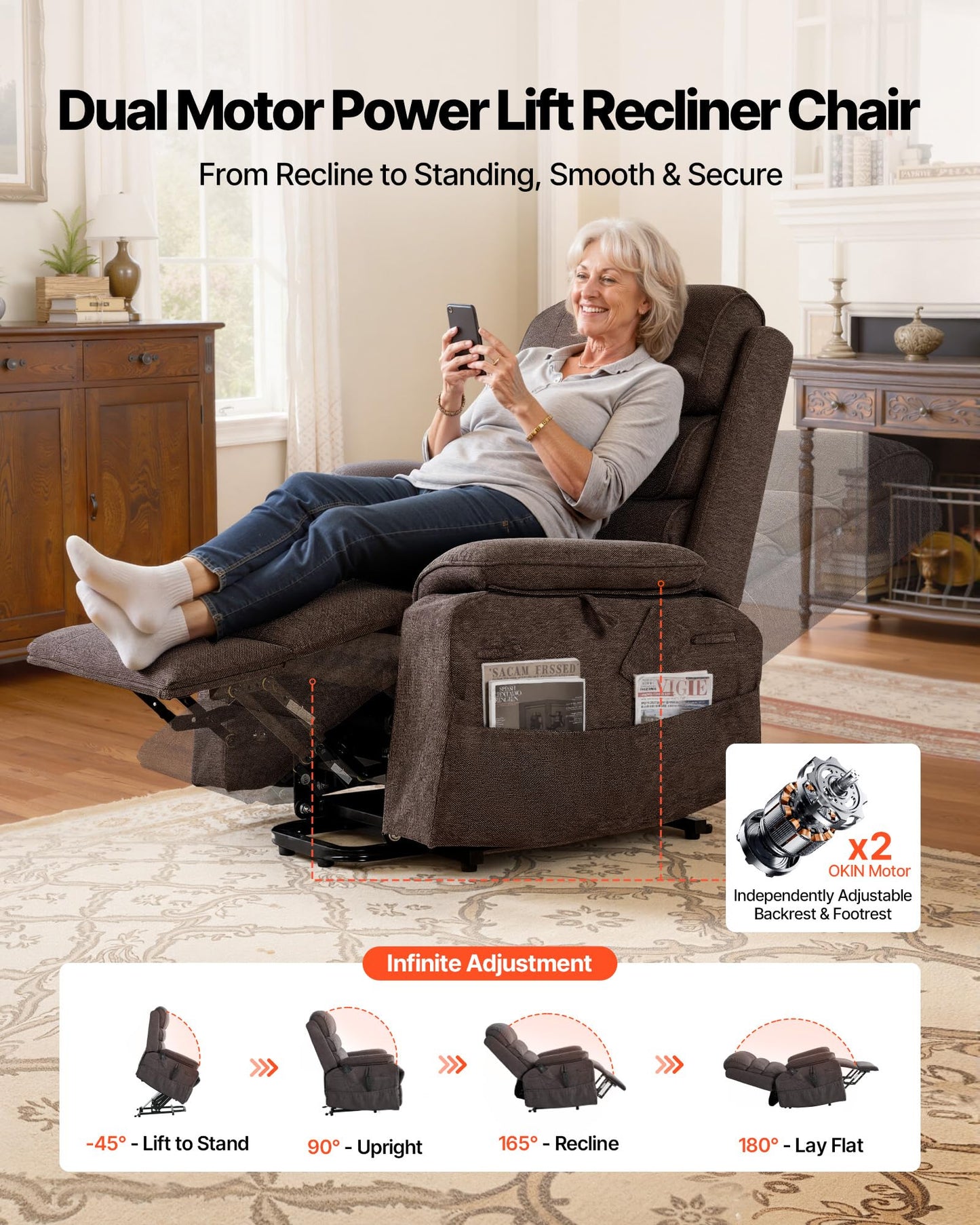 VEVOR Power Lift Recliner Chair, Dual Motor Lift Chair with Heat and Massage for Elderly, Position Adjustable, Remote Control, with Side Pockets, Chenille Fabric, Brown