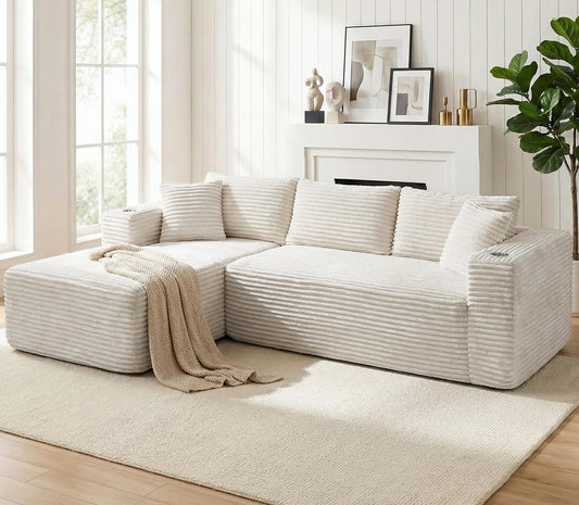 Vongrasig 103" Boneless Sectional Couches for Living Room, L-Shaped Chaise Modular Cloud Couch with Cup Holders on Armrests, Plush Corduroy Comfy Sofa with Memory Foam, No Assembly Required (Beige)