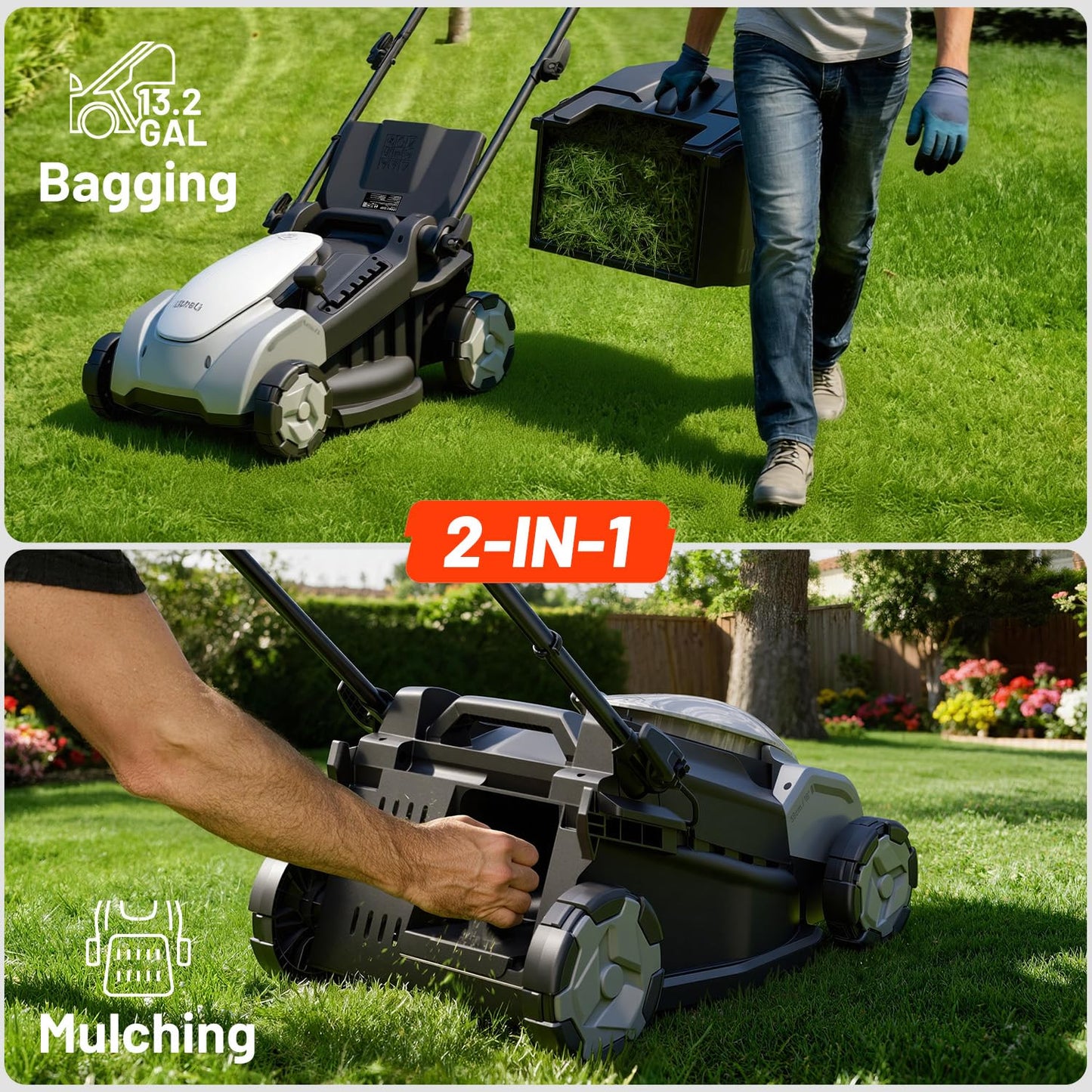 Litheli 2x20V 16 Inch Cordless Lawn Mower, Brushless Battery Powered Push Mower, 6 Adjustable Cutting Heights 25-75mm, 50L Collection Bag & Mulching, 2x5.0Ah Batteries and Charger Included