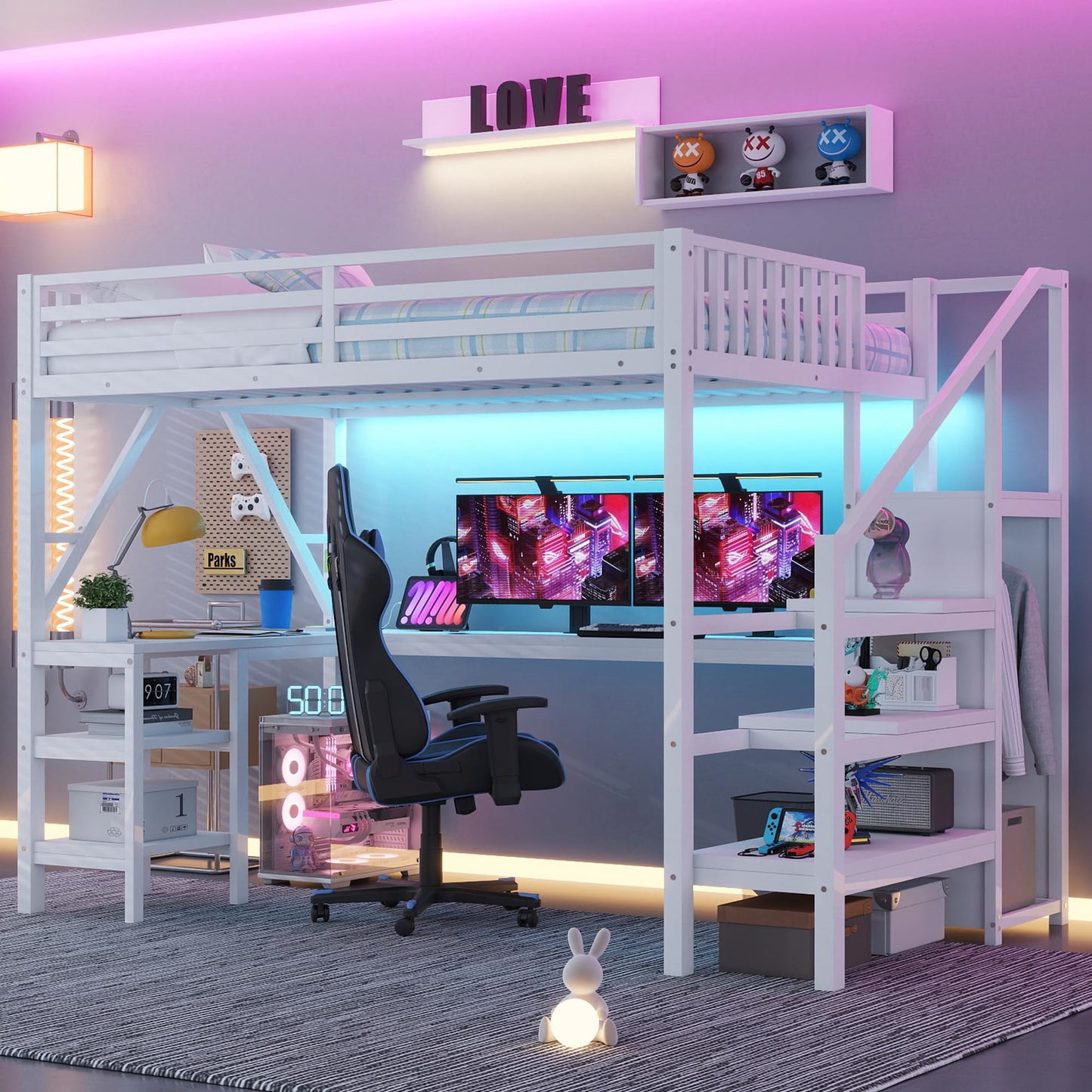 KEIKI Full Size Metal Loft Bed Frame with L-Shaped Desk & Staircase & Wardrobe & USB, Modern Style Loft Bed with Solid Slat & Guardrail, No Box Spring Required, Easy Assembly, for Bedroom, White