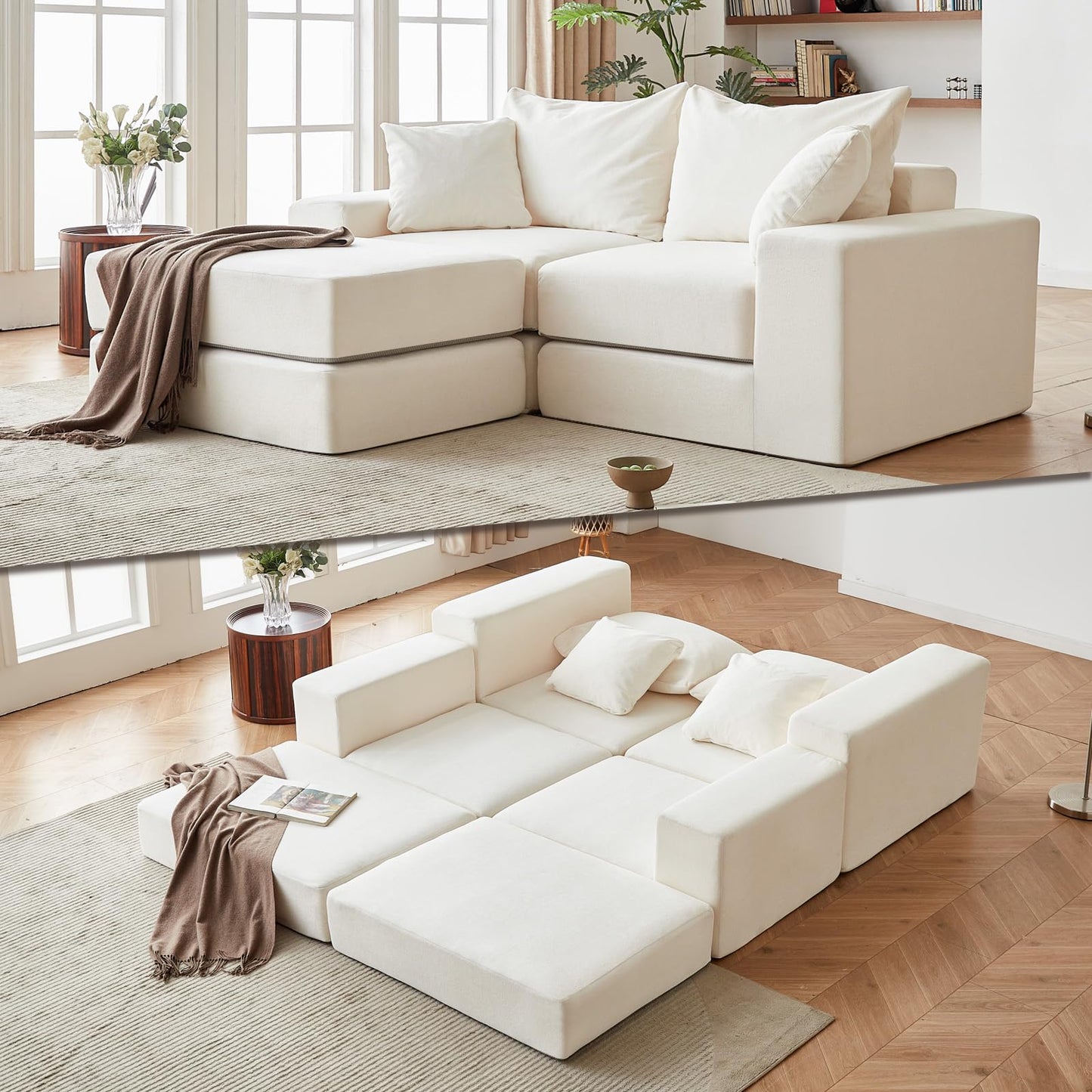 Modular Sectional Loveaeat Cloud Sofa, Boneless Couch with Non Slip Base, Modern Sleeper Sofa for Customizable Living Spaces, Cozy Modular Couch with L-Shape Chaise, Deep Seat & No Assembly, Beige