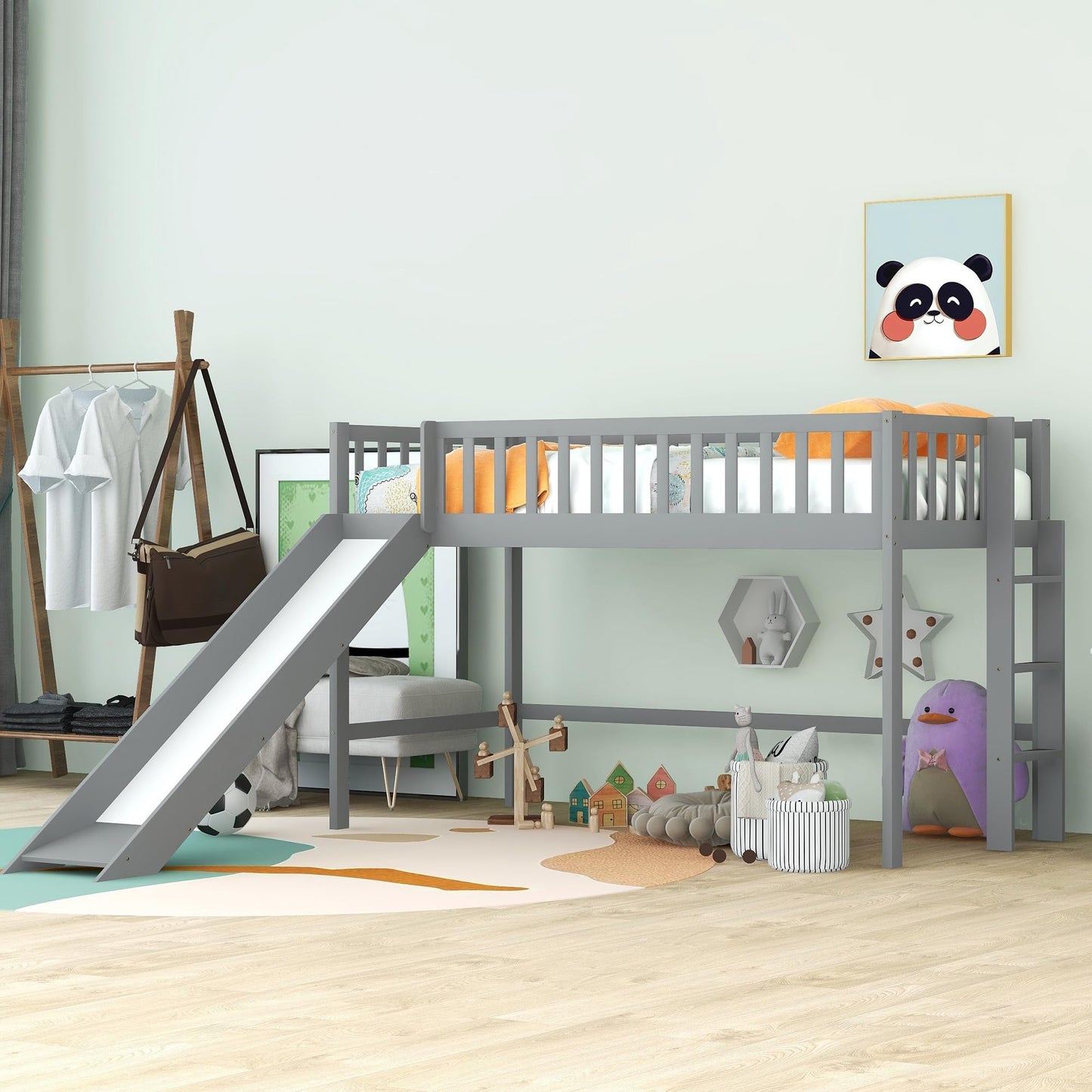 Bellemave Twin Size Low Loft Bed Frame with Slide,Kids Loft Bed with Ladder,Solid Wood Low Loft Bed Twin Size for Girls Boys,Gray