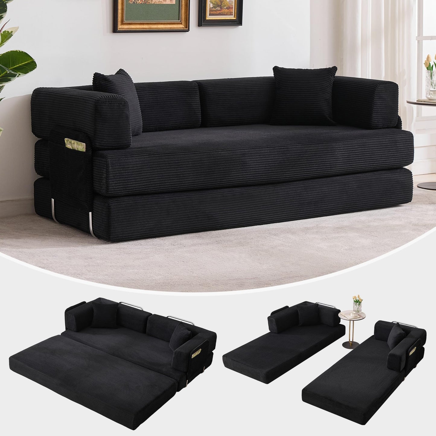 GarveeLife 78.8" Modular Corduroy Sofa Bed,5 in 1 Convertible Futon Floor Couch with Pull-Out Sleeper,Multi-Functional Futon for Living Room Guest Room & Small Spaces