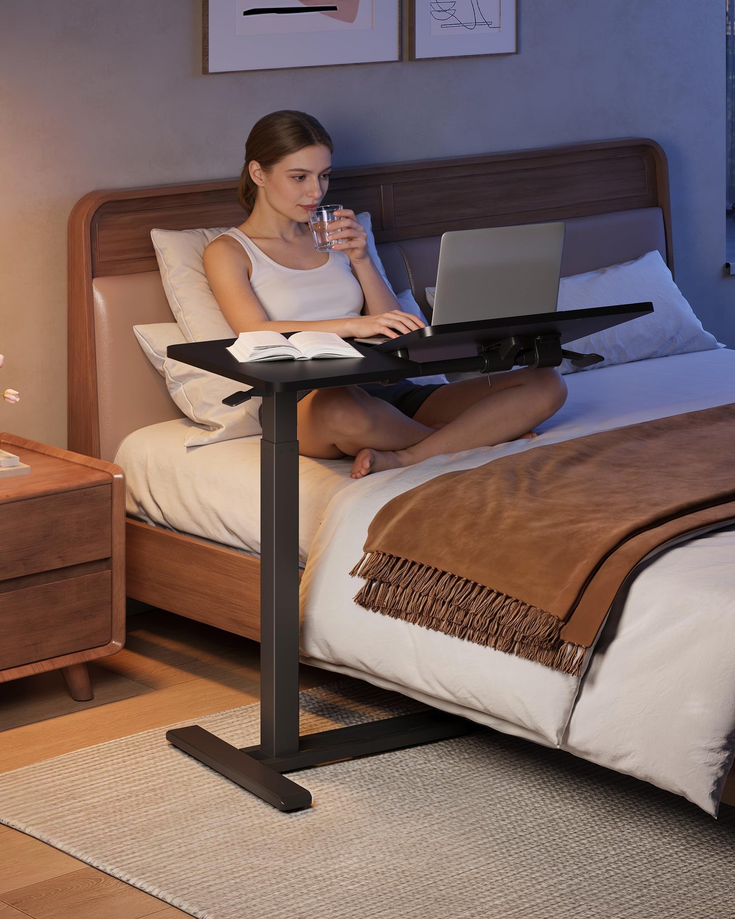 SANODESK Small Rolling Overbed Table Adjustable Height with Wheels, Mobile Laptop Desk with Tilting Desktop, Portable Computer Workstation for Home Office, Classroom, Bedside, Black