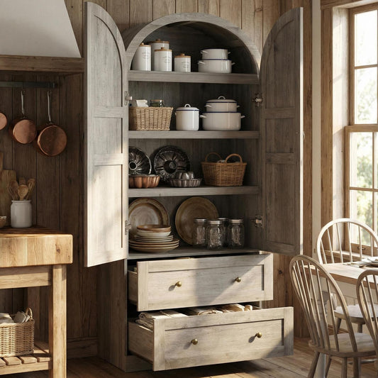 IDEALHOUSE 72" H Arched Kitchen Pantry with 2 Drawers, Farmhouse Wooden Tall Kitchen Storage Cabinet w/ 2 Doors & 3 Shelves, Versatile Freestanding Food Cupboard for Kitchen, Dining Room, Rustic Gray