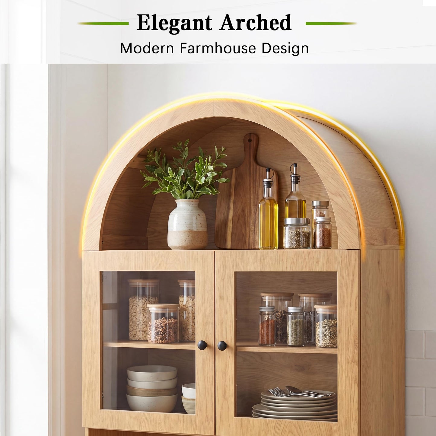 KEIKI 75 Inch Farmhouse Pantry Cabinet with Charging Station, Tall Arched Coffee Bar Cabinet with Adjustable Shelves & Drawer, Freestanding Storage Sideboard for Kitchen Dining Room Living Room, Oak
