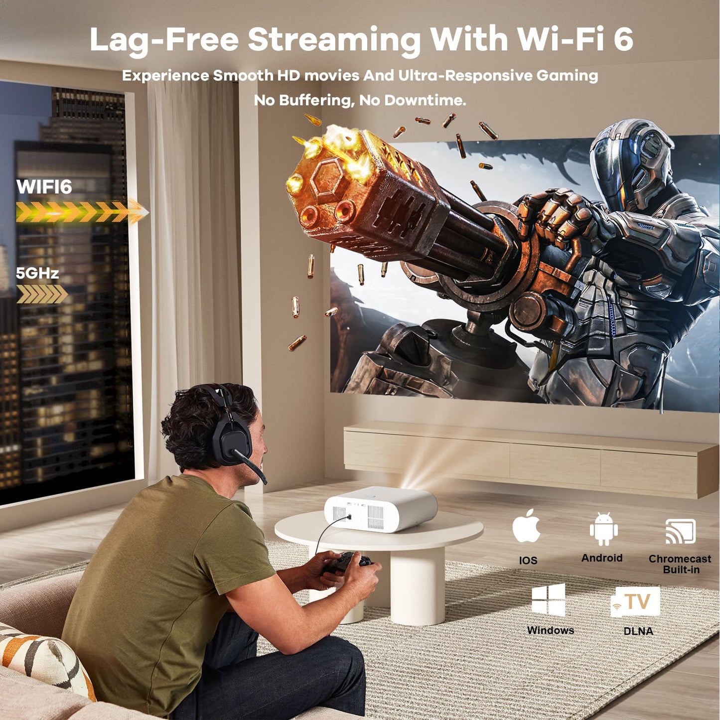 Outdoor-Projector with Google TV:3000 Brightness/Auto Lens Cap & 4D Keystone/Auto Focus & AI Voice Control, Sovboi Portable-Projector with WiFi & Bluetooth, Smart Movie Proyector for Streaming Apps
