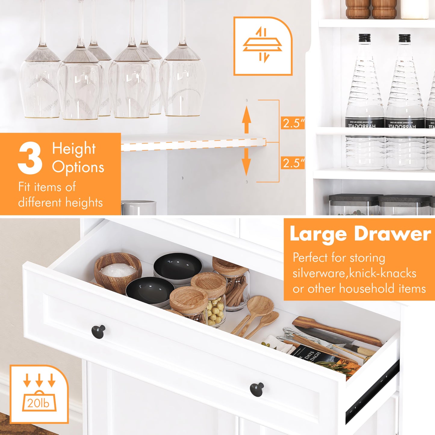Spirich 71'' Tall Kitchen Pantry Cabinet, Wood Food Pantry Cabinet with Drawers and Wine Glass Rack, Freestanding Storage Cabinet for Kitchen, Living Room, Dining Room, White