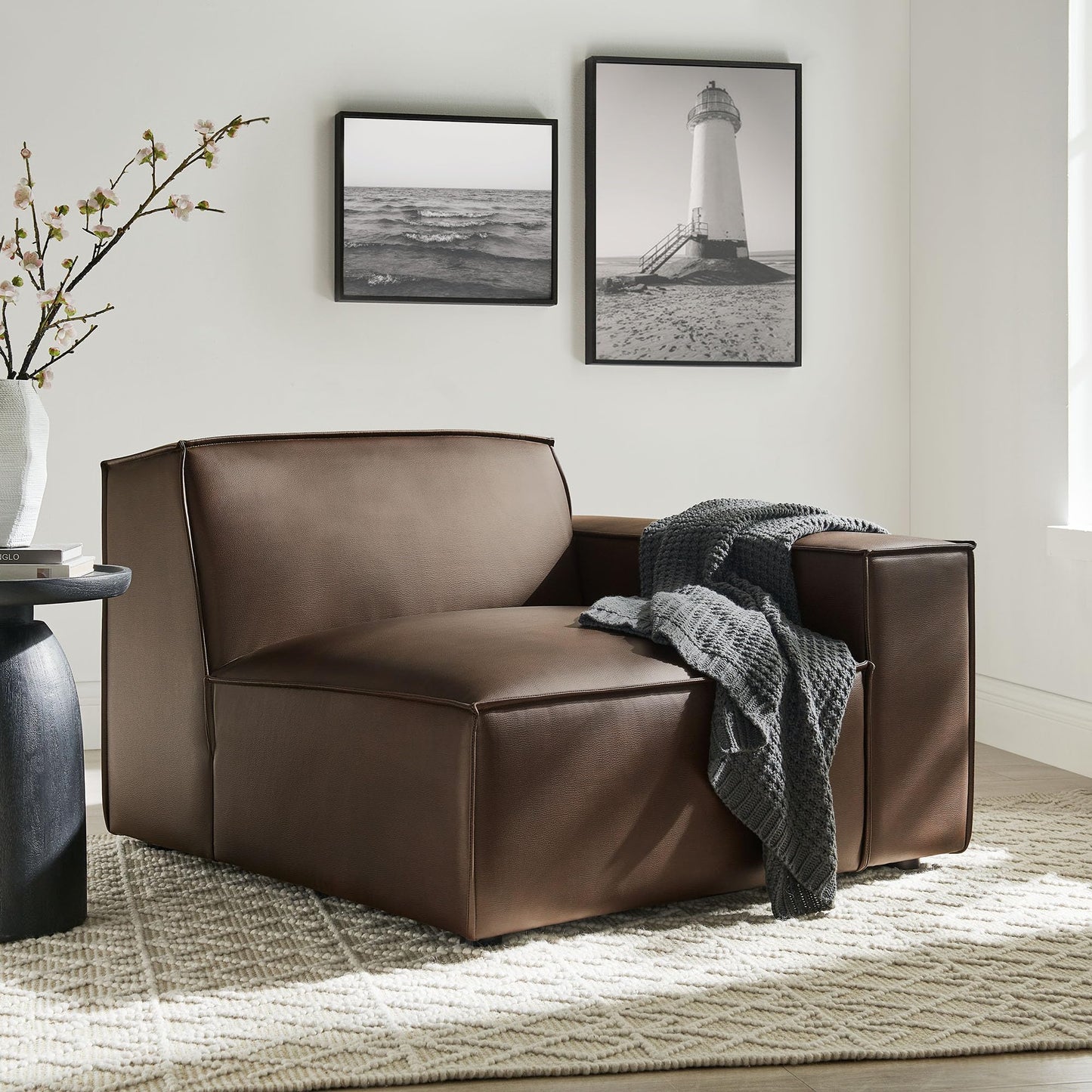 Modway Restore Right-Facing Faux Leather Modular Lounge Chair in Espresso - Living Room Vegan Leather Upholstered Single-Arm Accent Armchair for Sectional Sofa