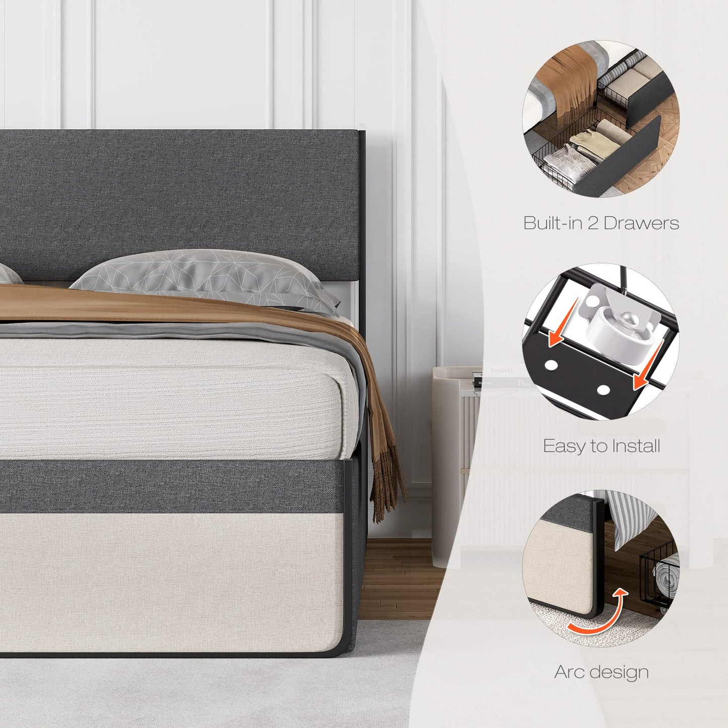IDEALHOUSE Queen Size Bed Frame with 2 Storage Drawers, Upholstered Platform Queen Bed Frame with Headboard and Footboard, Queen Bed Mattress Foundation with Steel Slats Support, No Box Spring Needed